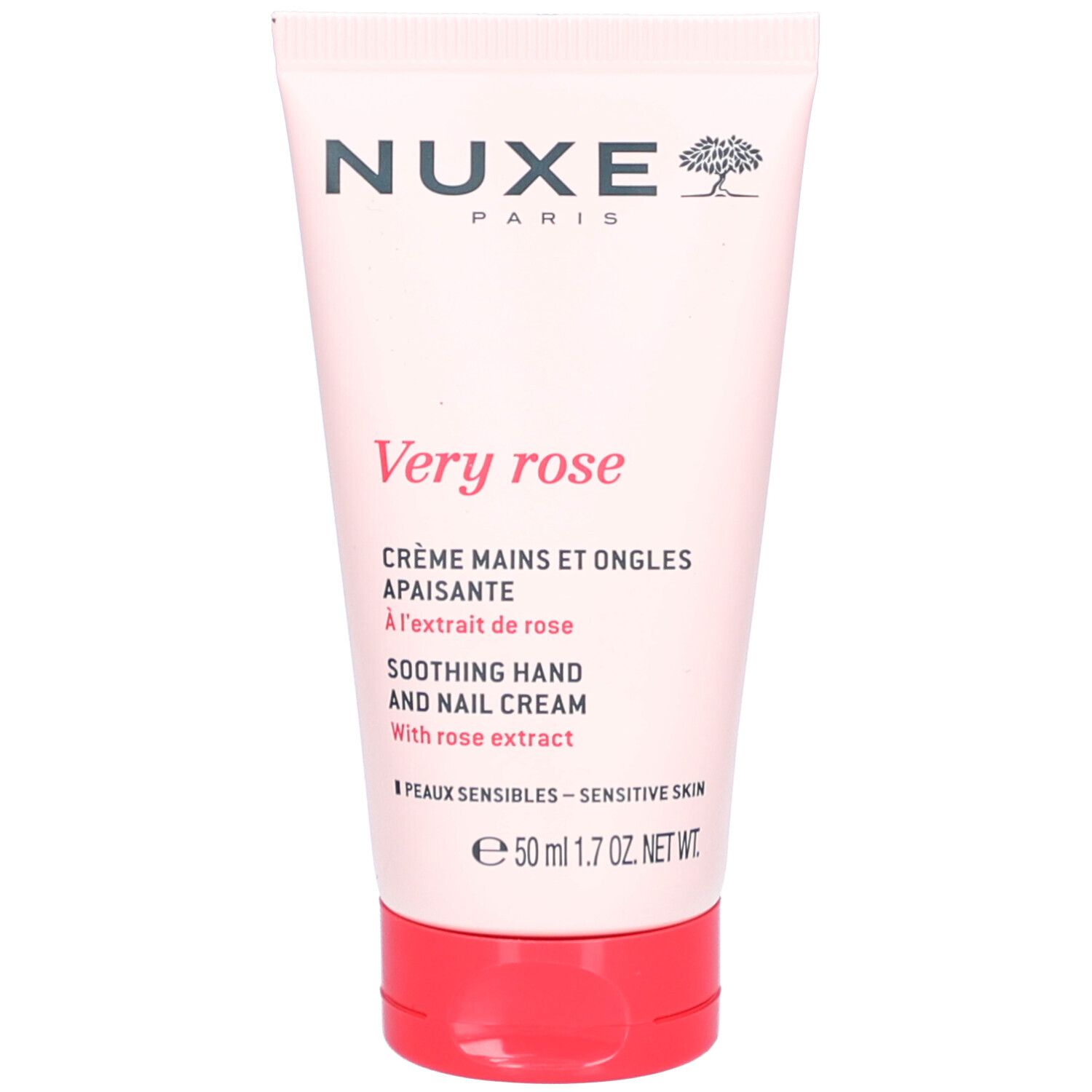 Rosa Tube. Nuxe Very Rose Crème Mains et Ongles Apaisante. Text auf der Tube. Roter Verschluss.
