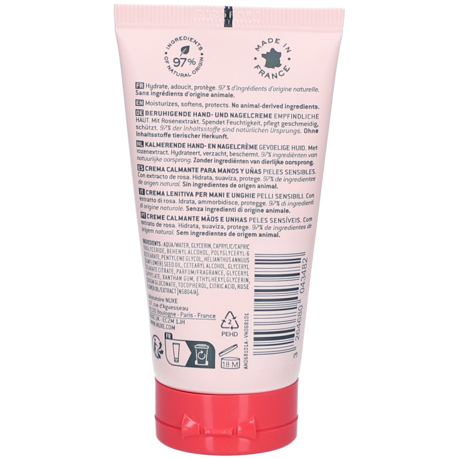 Rückseite der Tube. Text in mehreren Sprachen. Roter Verschluss. Inhaltsstoffe und Herkunft.