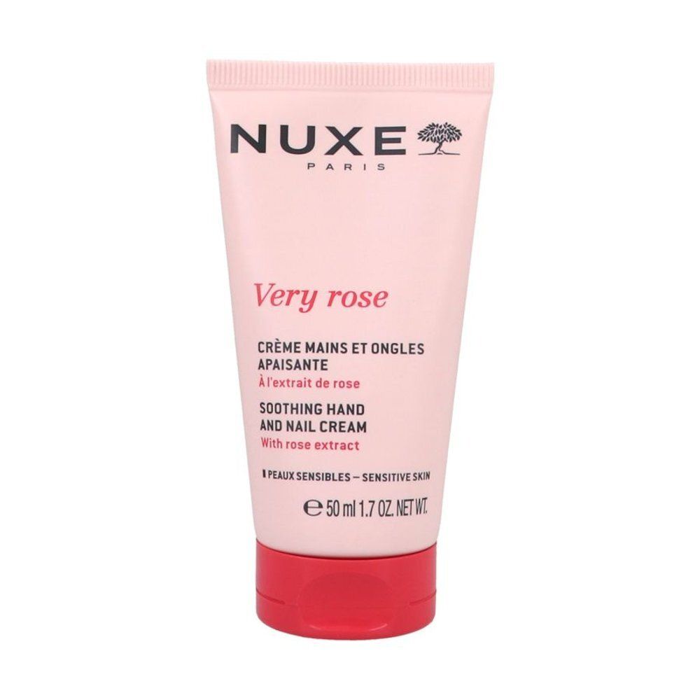 Rückseite der Nuxe Very Rose Hand- und Nagelcreme Tube mit Inhaltsstoffen und Anwendungshinweisen. 50 ml.