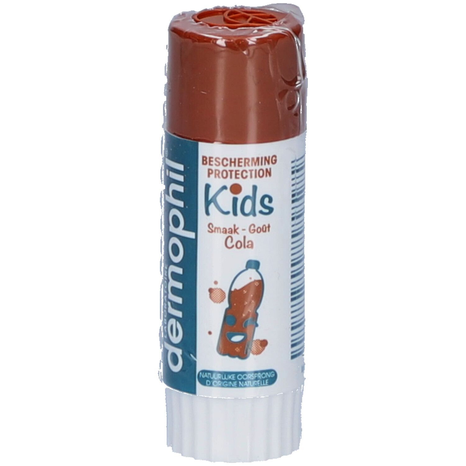 Stick lèvres pour enfants. Protection Kids Goût Cola. Tube blanc, capuchon marron. Illustration cola.