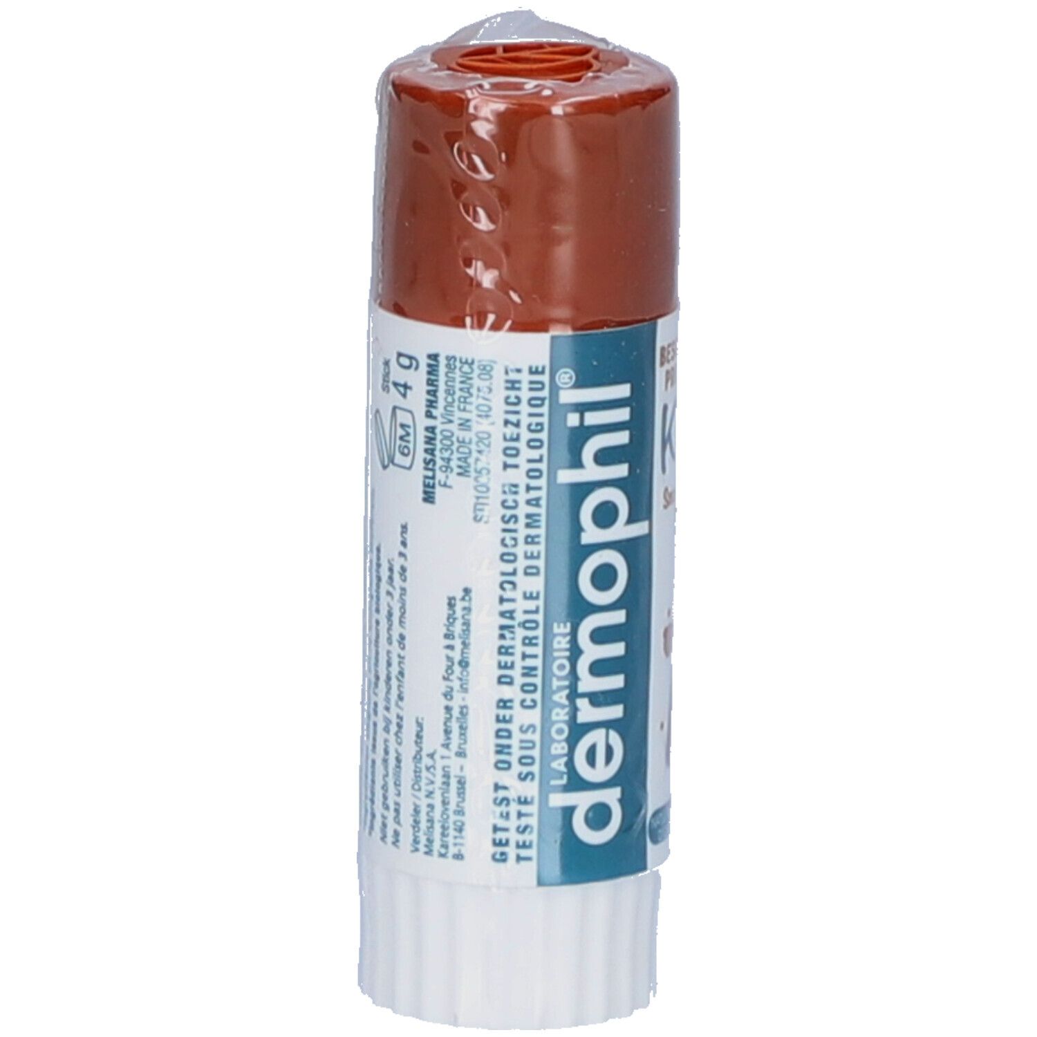 Stick lèvres. Informations au dos. 4g. Testé dermatologiquement. Melisana Pharma.