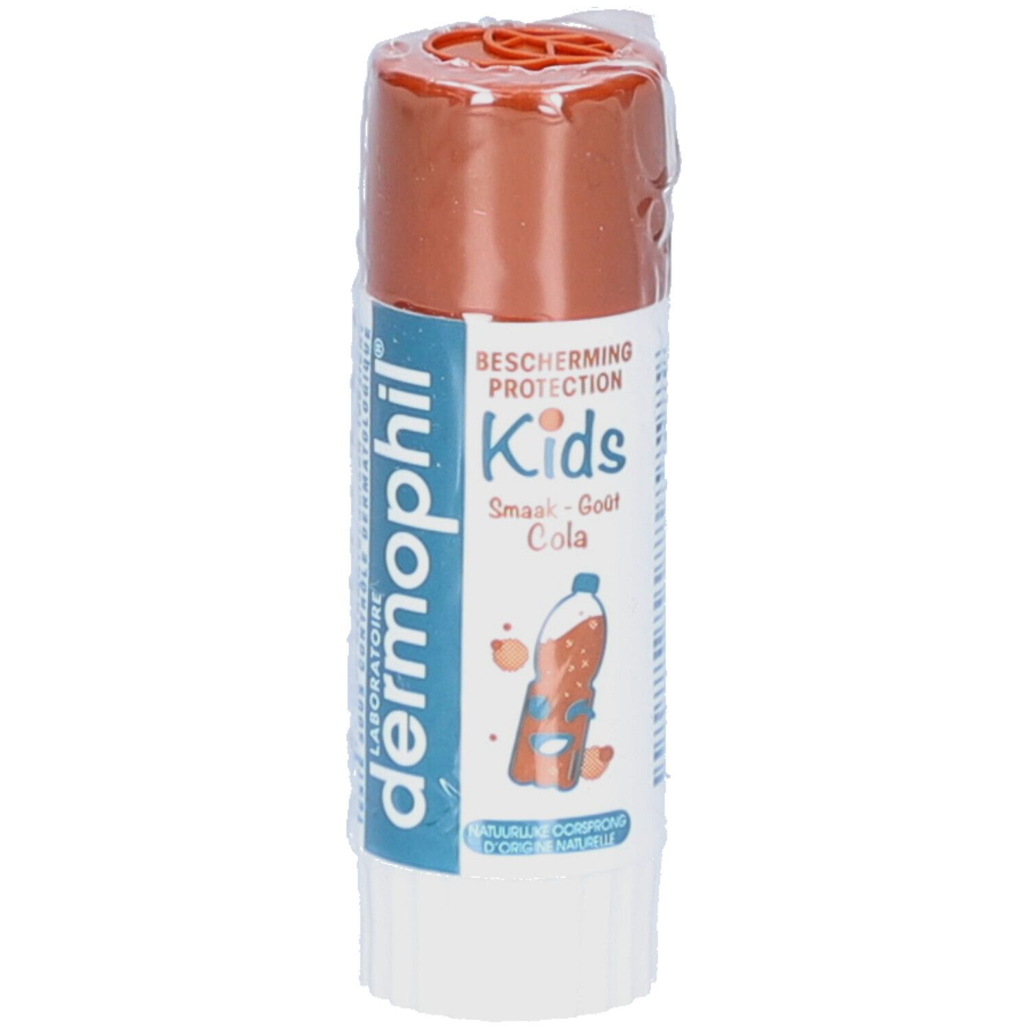 Stick lèvres pour enfants. Protection Kids Goût Cola. Tube blanc, capuchon marron. Illustration cola.