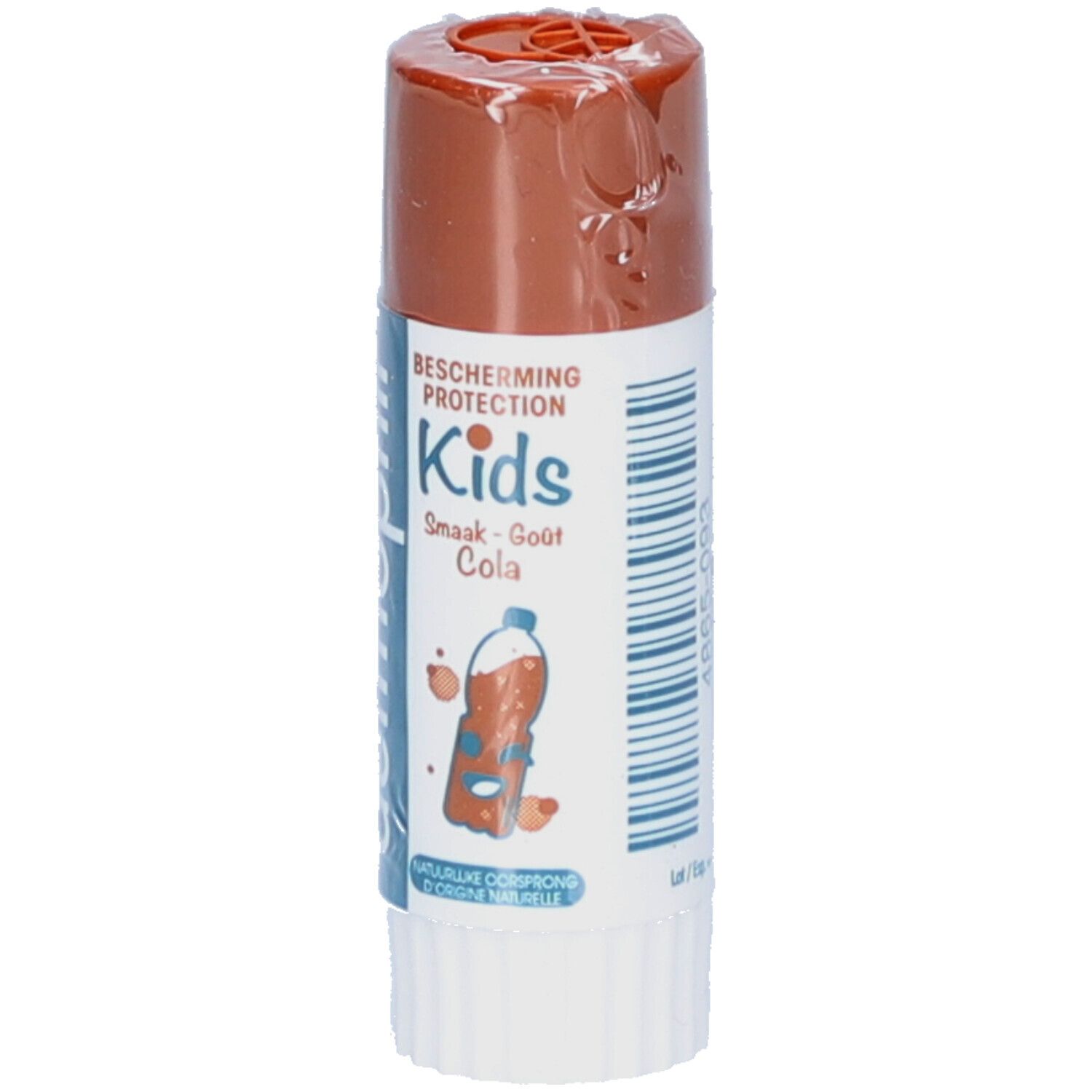 Stick lèvres pour enfants. Protection Kids Goût Cola. Tube blanc, capuchon marron. Illustration cola.