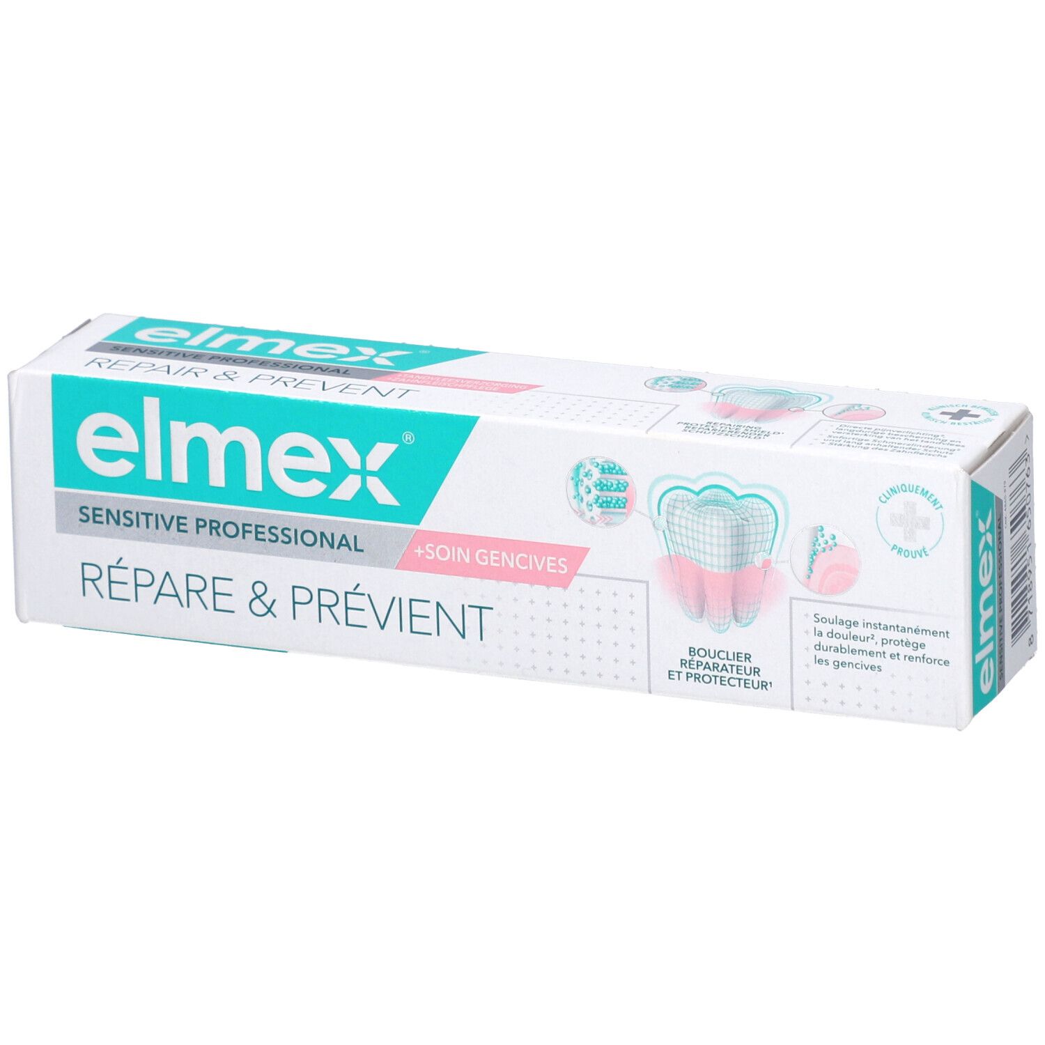 Boîte de dentifrice avec logo et nom du produit. Texte: Répare & Prévient, Sensitive Professional. Illustration d'une dent.