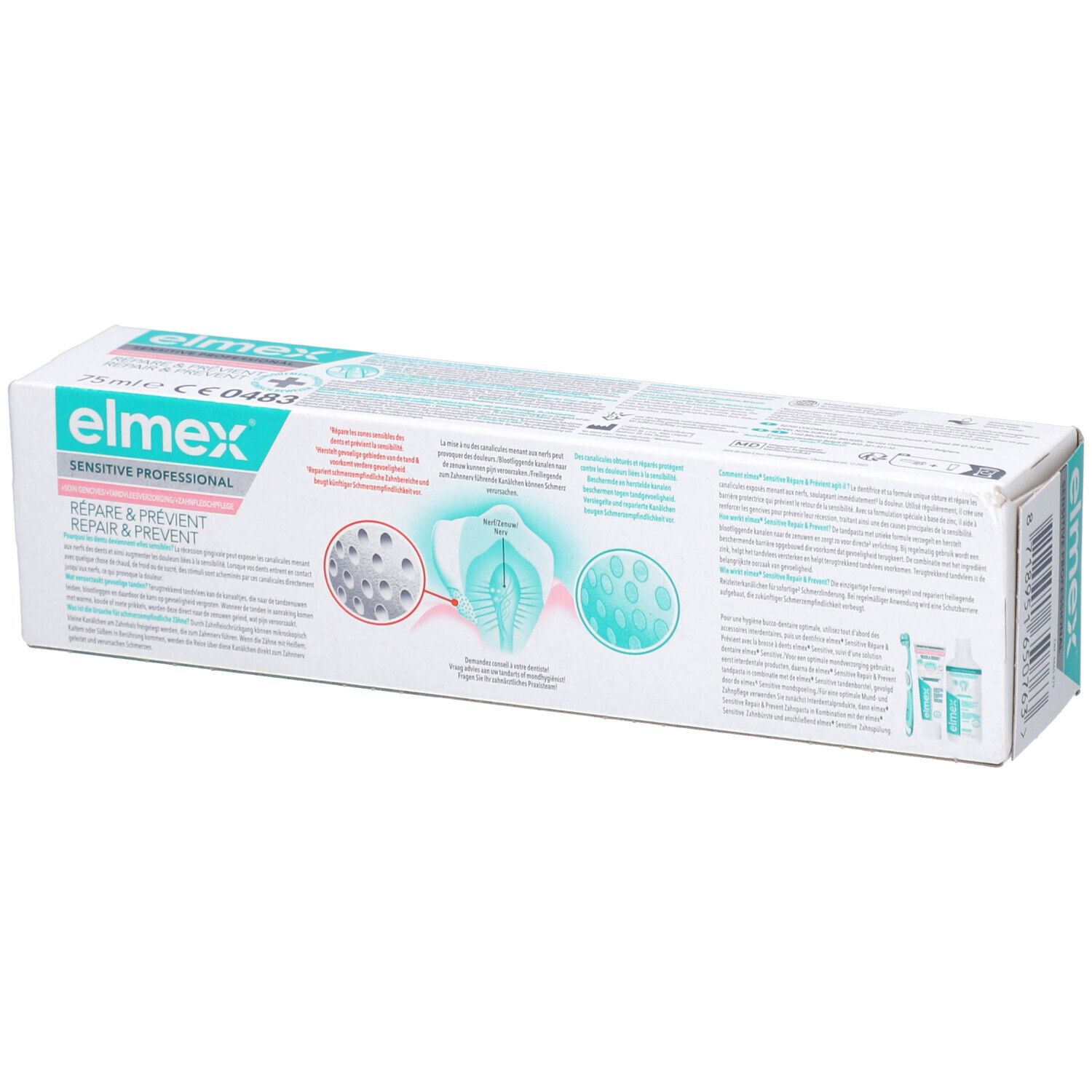 Dos de la boîte de dentifrice. Texte et illustrations. Nom du produit et logo. Informations sur l'utilisation.