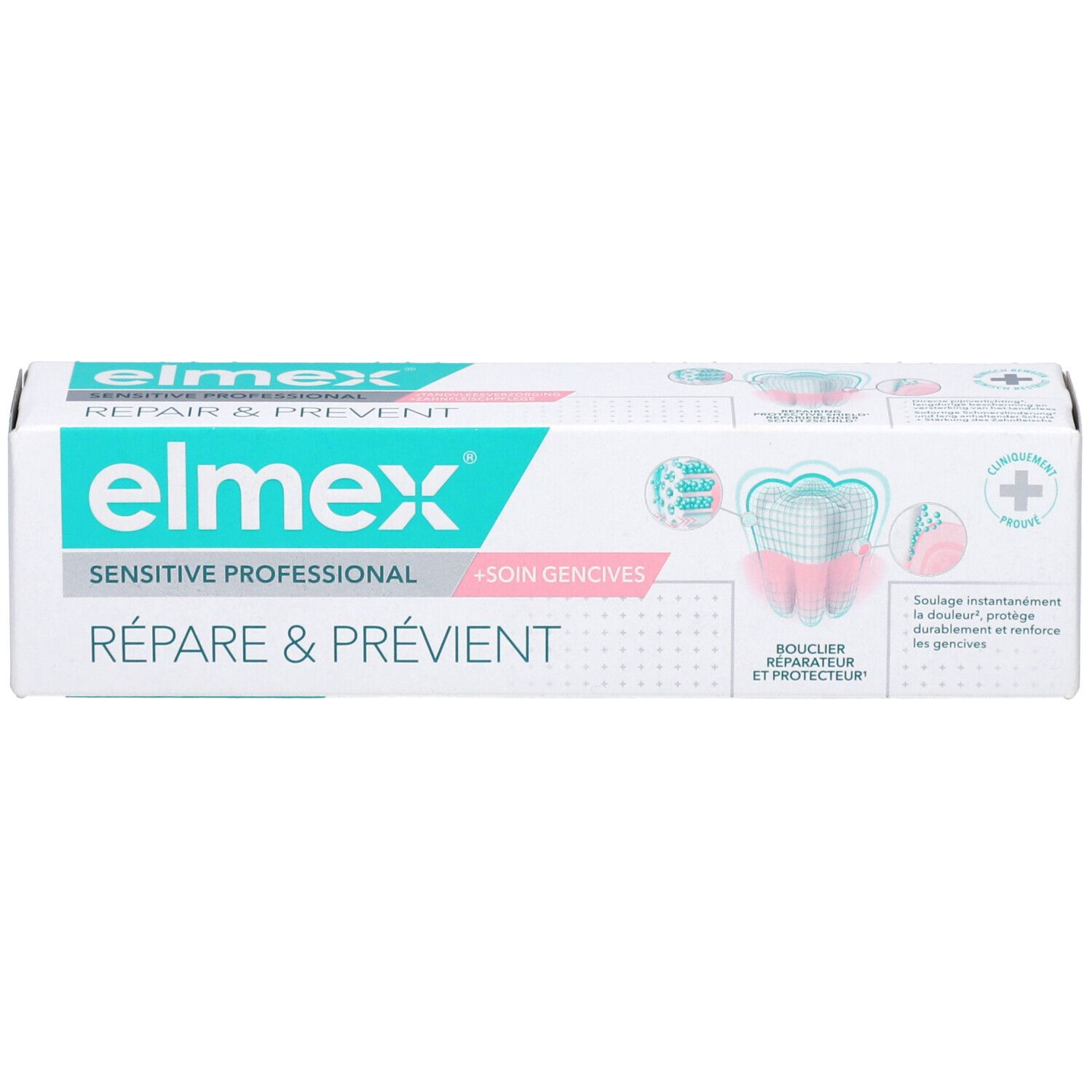 Boîte de dentifrice avec logo et nom du produit. Texte: Répare & Prévient, Sensitive Professional. Illustration d'une dent.