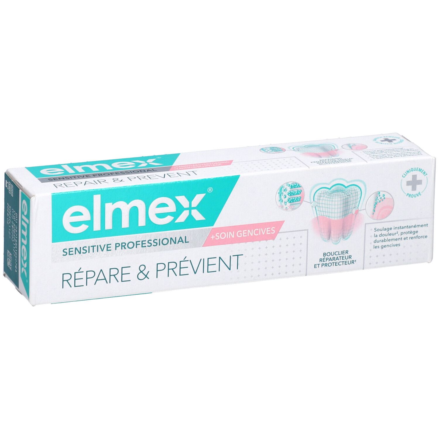 Boîte de dentifrice avec logo et nom du produit. Texte: Répare & Prévient, Sensitive Professional. Illustration d'une dent.
