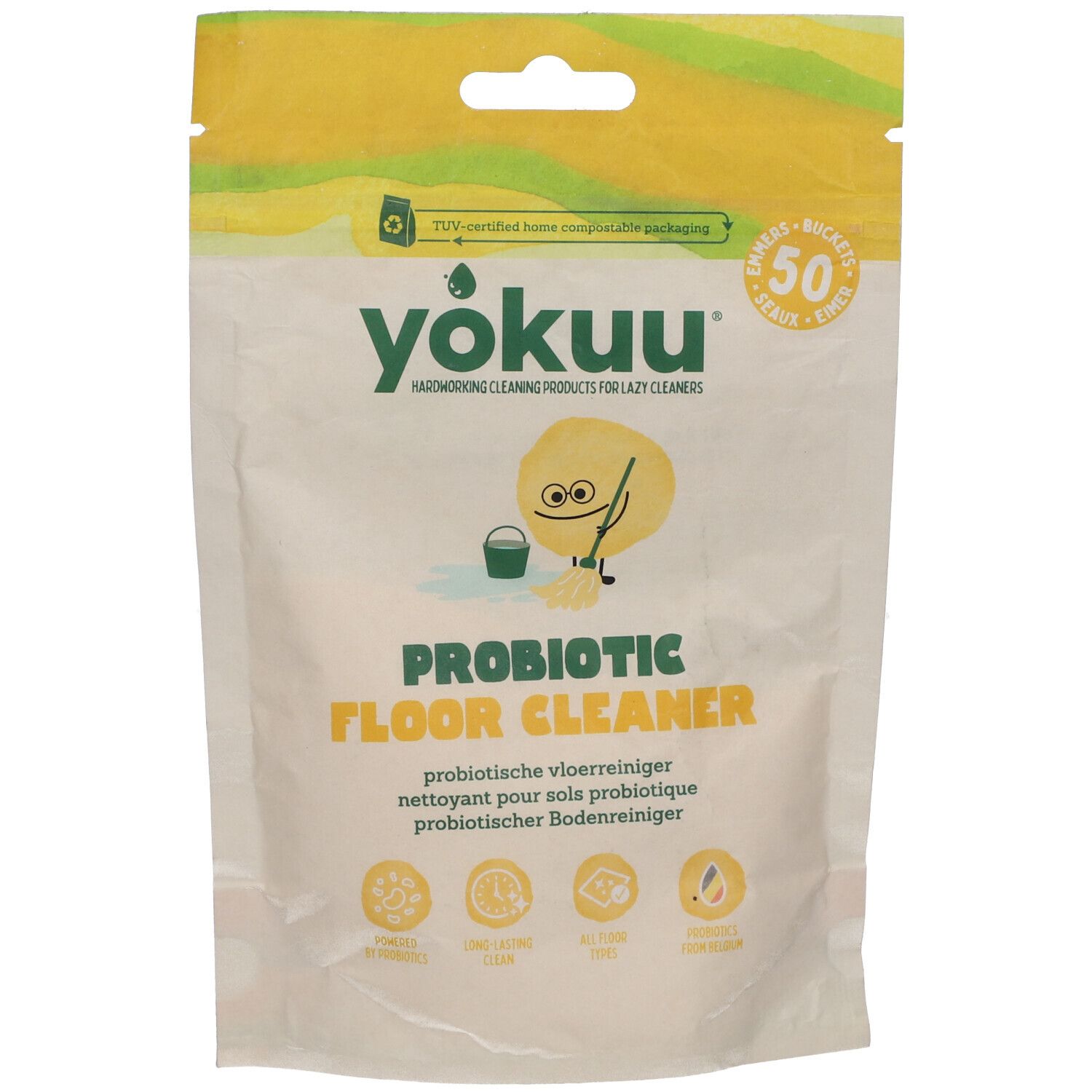 Beutel Yokuu Probiotischer Bodenreiniger. Vorderseite mit Logo, Produktname und Illustration. Zertifizierungen und Icons.