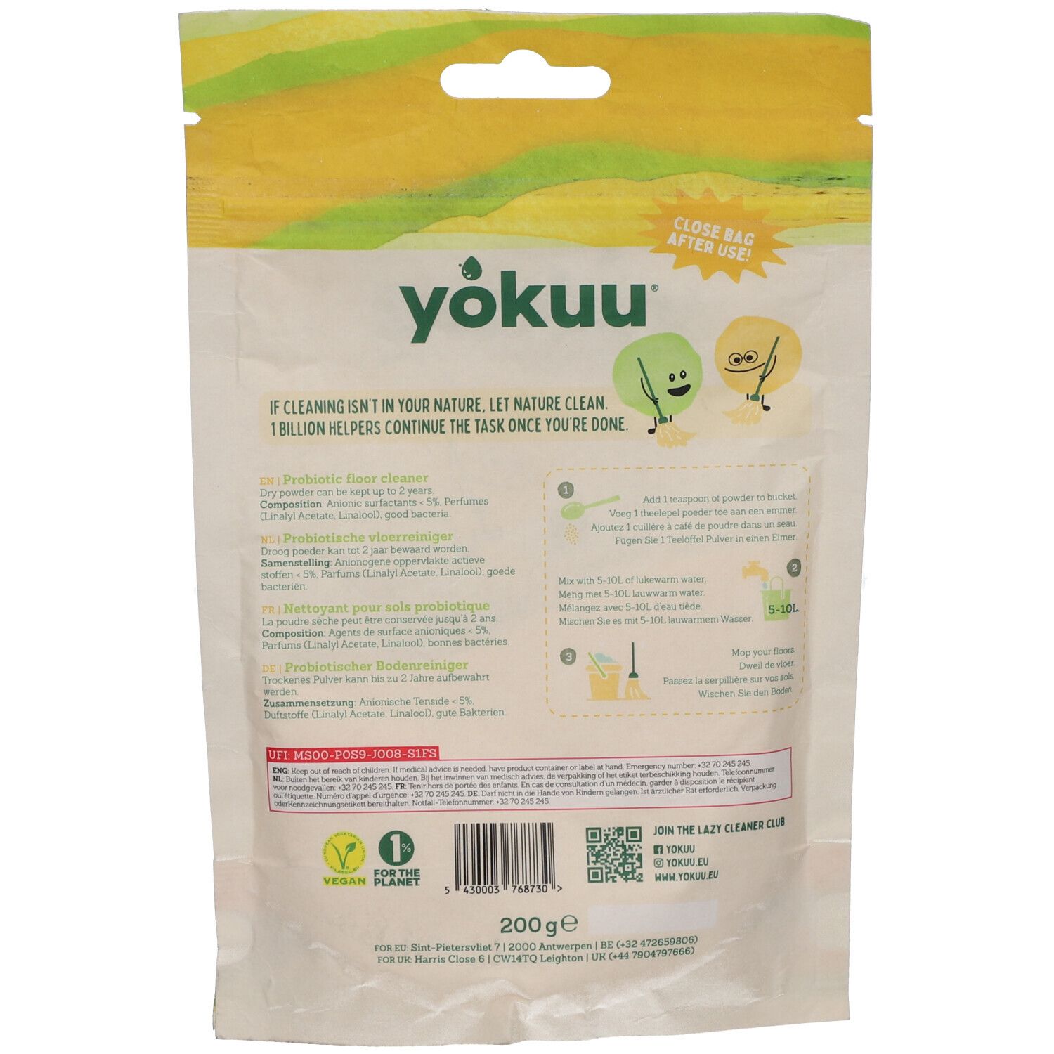 Rückseite des Yokuu Probiotischer Bodenreiniger Beutels. Text, Anweisungen, Inhaltsstoffe und QR-Code. Vegan-Logo und Gewicht.