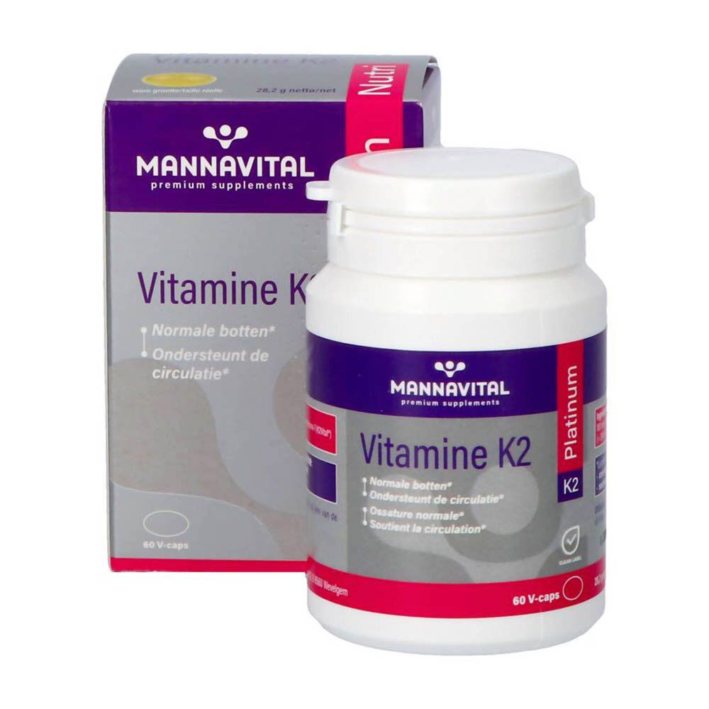 Flacon et boîte de vitamine K2 Platinum. Violet et blanc. 60 gélules. Marque Mannavital.