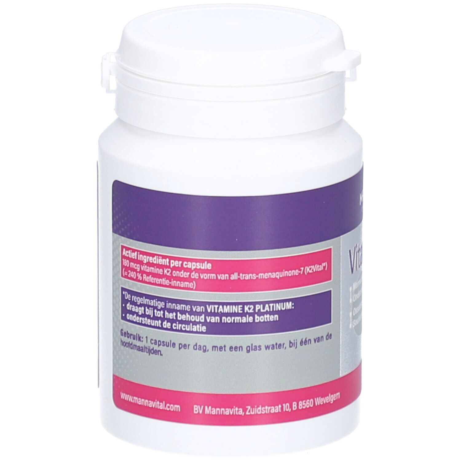 Weiße Flasche mit lila Etikett. Enthält Vitamin K2 Platinum. Text in Niederländisch. Schraubverschluss.