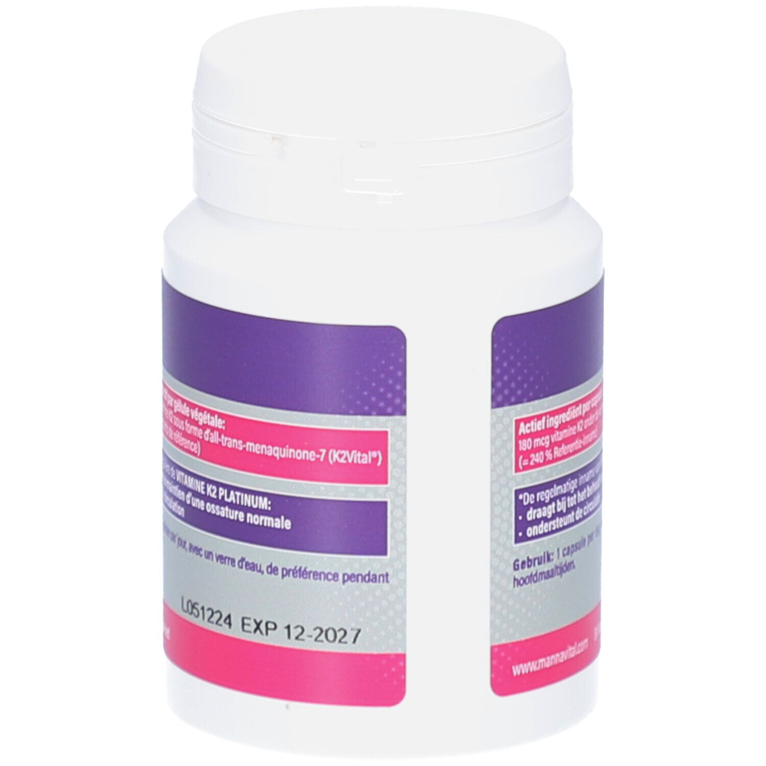 Weiße Flasche mit lila Etikett. Enthält Vitamin K2 Platinum. Text in Niederländisch. Schraubverschluss.