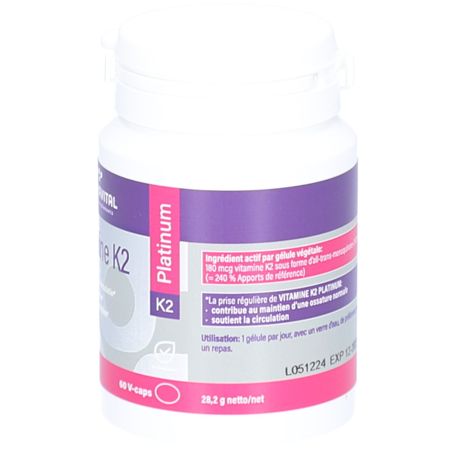 Weiße Flasche mit lila Etikett. Enthält Vitamin K2 Platinum. Text in Französisch. Schraubverschluss.
