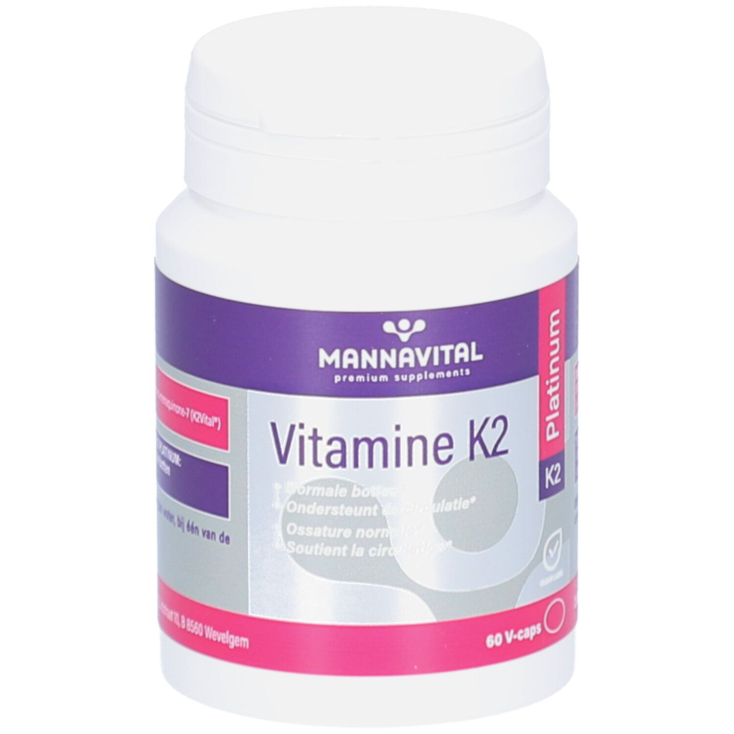 Weiße Flasche mit lila Etikett. Enthält Vitamin K2 Platinum. Text in Niederländisch. Schraubverschluss.