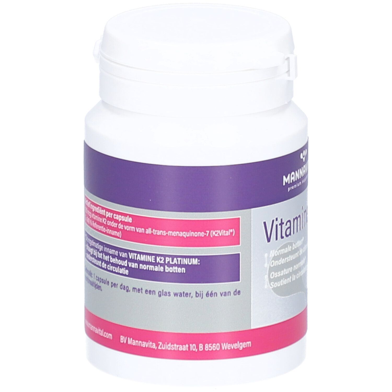 Weiße Flasche mit lila Etikett. Enthält Vitamin K2 Platinum. Text in Niederländisch. Schraubverschluss.