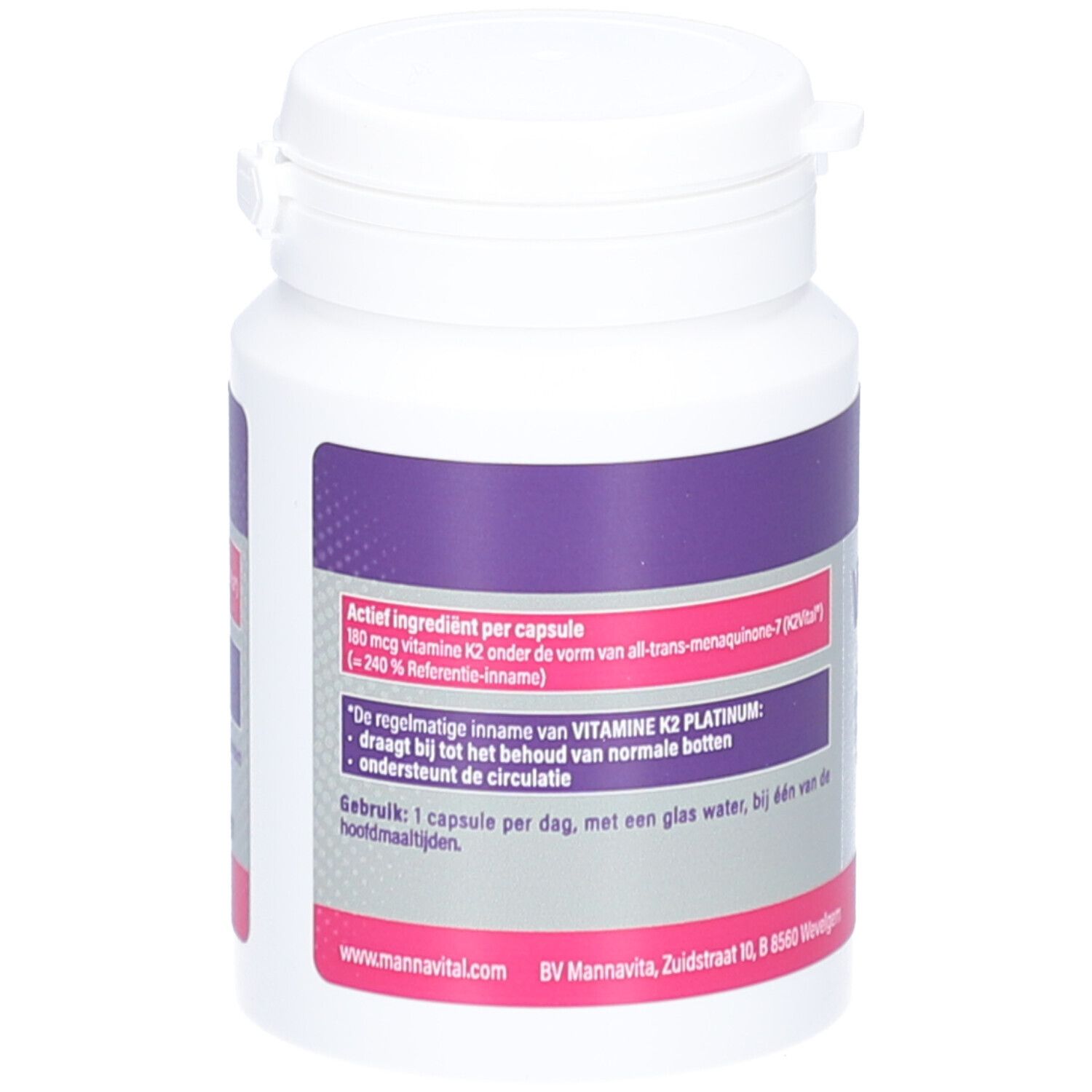 Weiße Flasche mit lila Etikett. Enthält Vitamin K2 Platinum. Text in Niederländisch. Schraubverschluss.