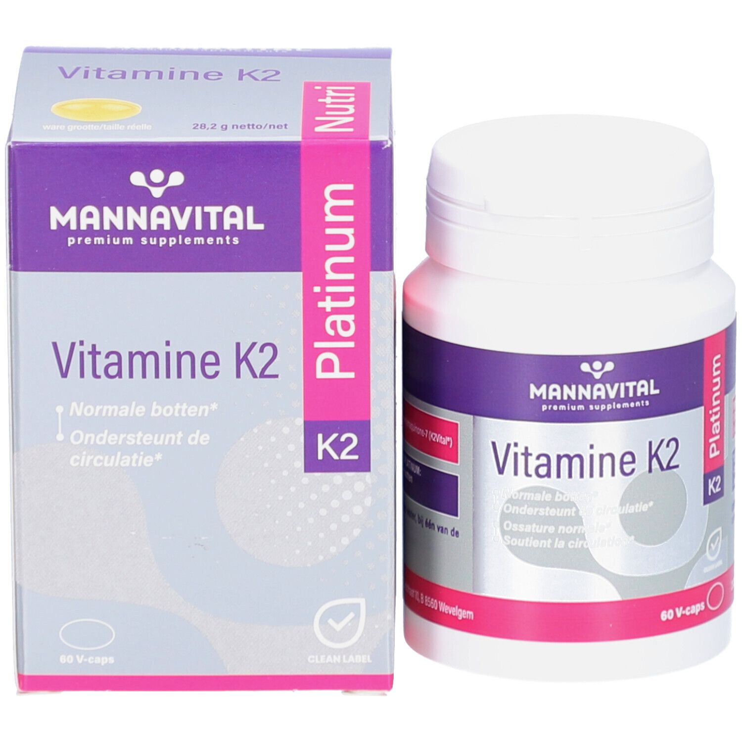 Vitamin K2 Platinum Flasche und Schachtel. Lila und weiß. 60 Kapseln. Marke Mannavital.