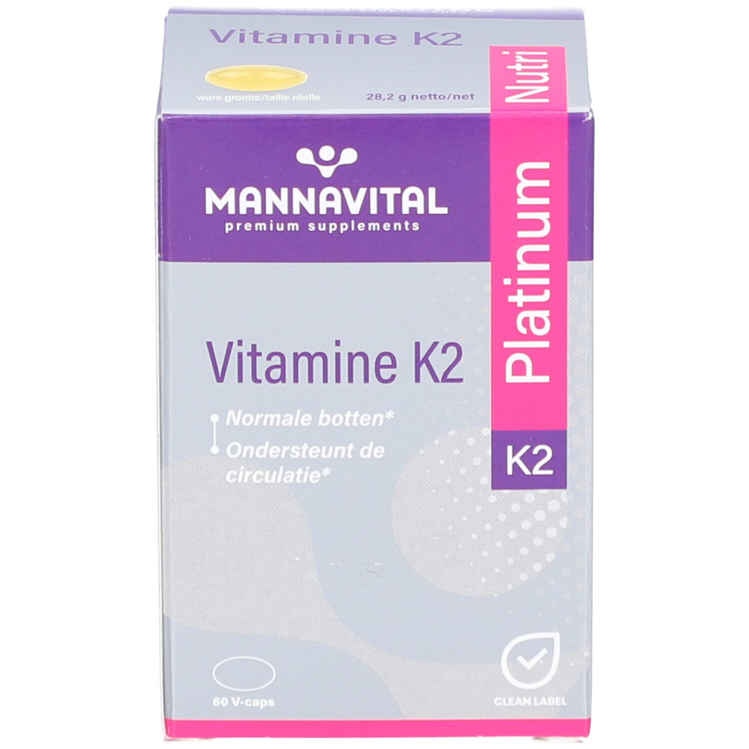 Schachtel mit Vitamin K2 Platinum. Lila und weiß. 60 Kapseln. Marke Mannavital.