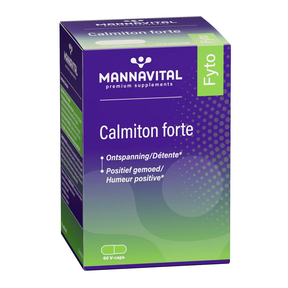 Boîte violette avec le nom du produit Calmiton forte et le logo Mannavital. Contient 60 V-caps.