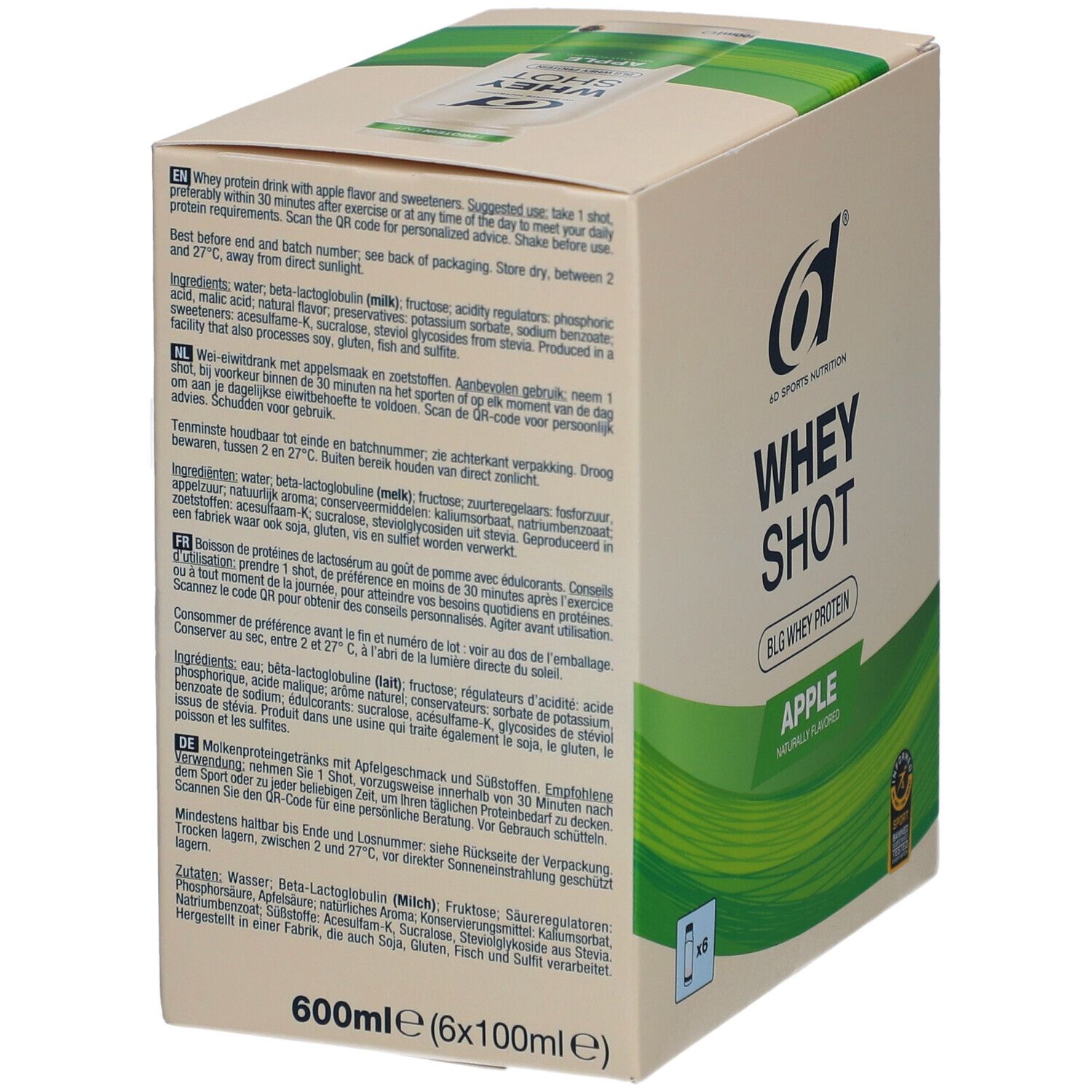 Rückseite der 6d Sports Nutrition Whey Shot Apfel-Verpackung. Text in mehreren Sprachen, Inhaltsstoffe, QR-Code.