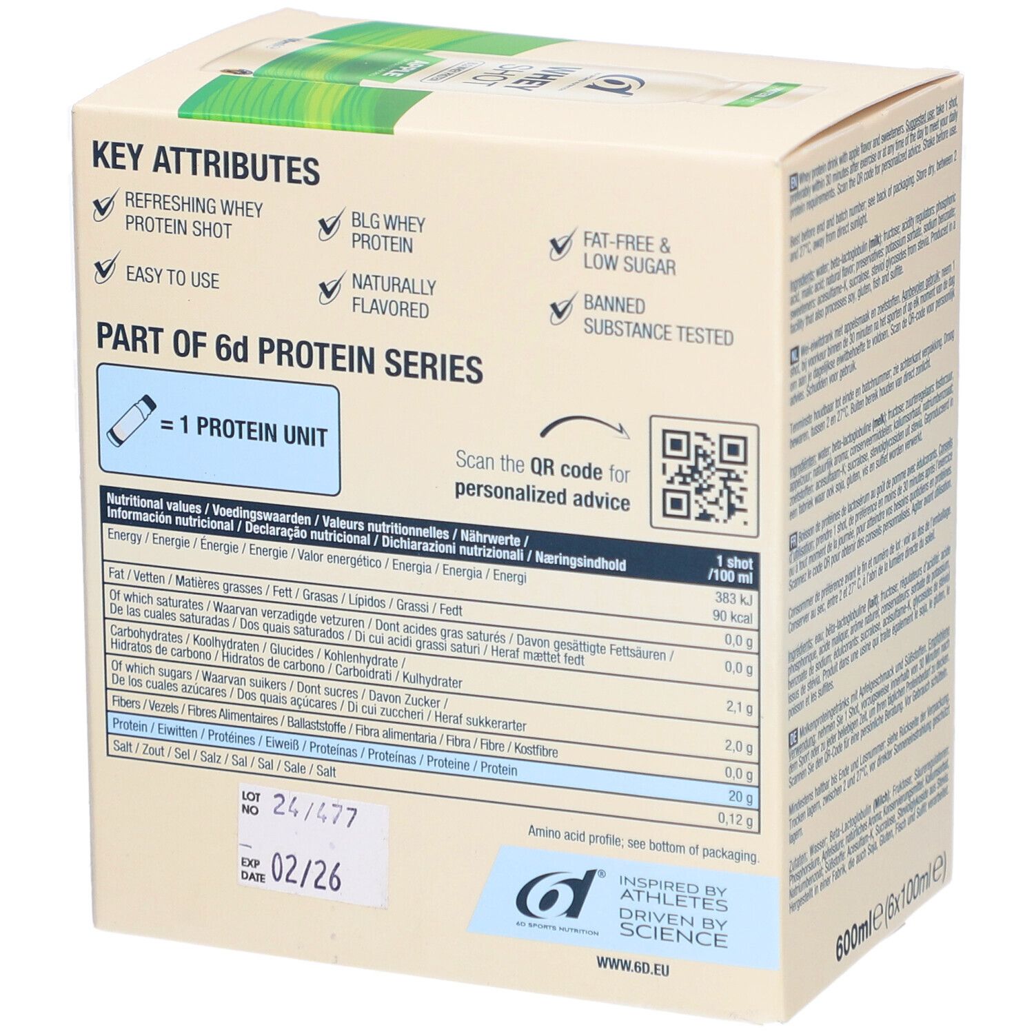 Rückseite der 6d Sports Nutrition Whey Shot Verpackung. Nährwertangaben, QR-Code, Haltbarkeitsdatum, Logo.