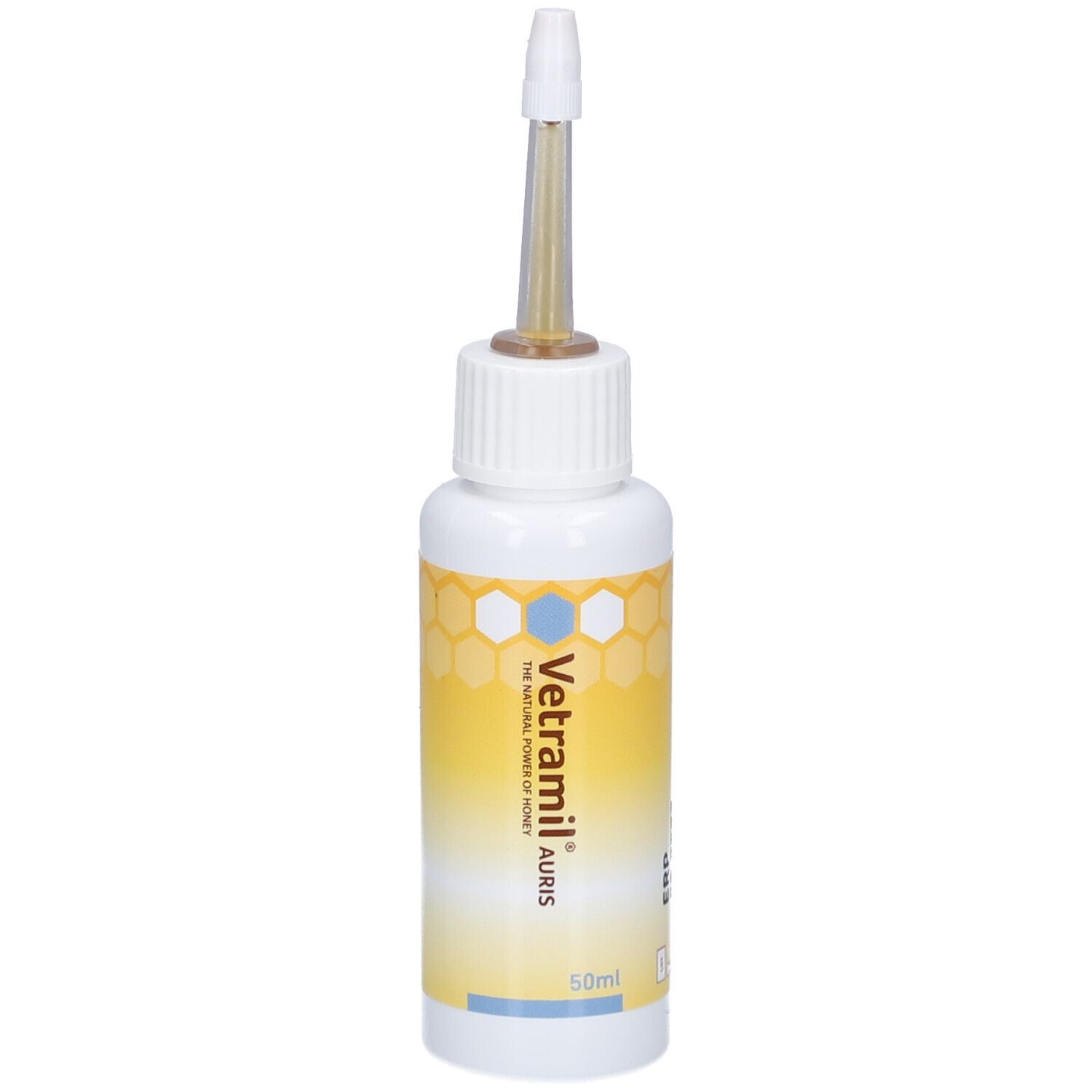 Weiße Flasche mit Applikator. Aufschrift Vetramil Auris. Gelbe und blaue Designelemente. 50ml.