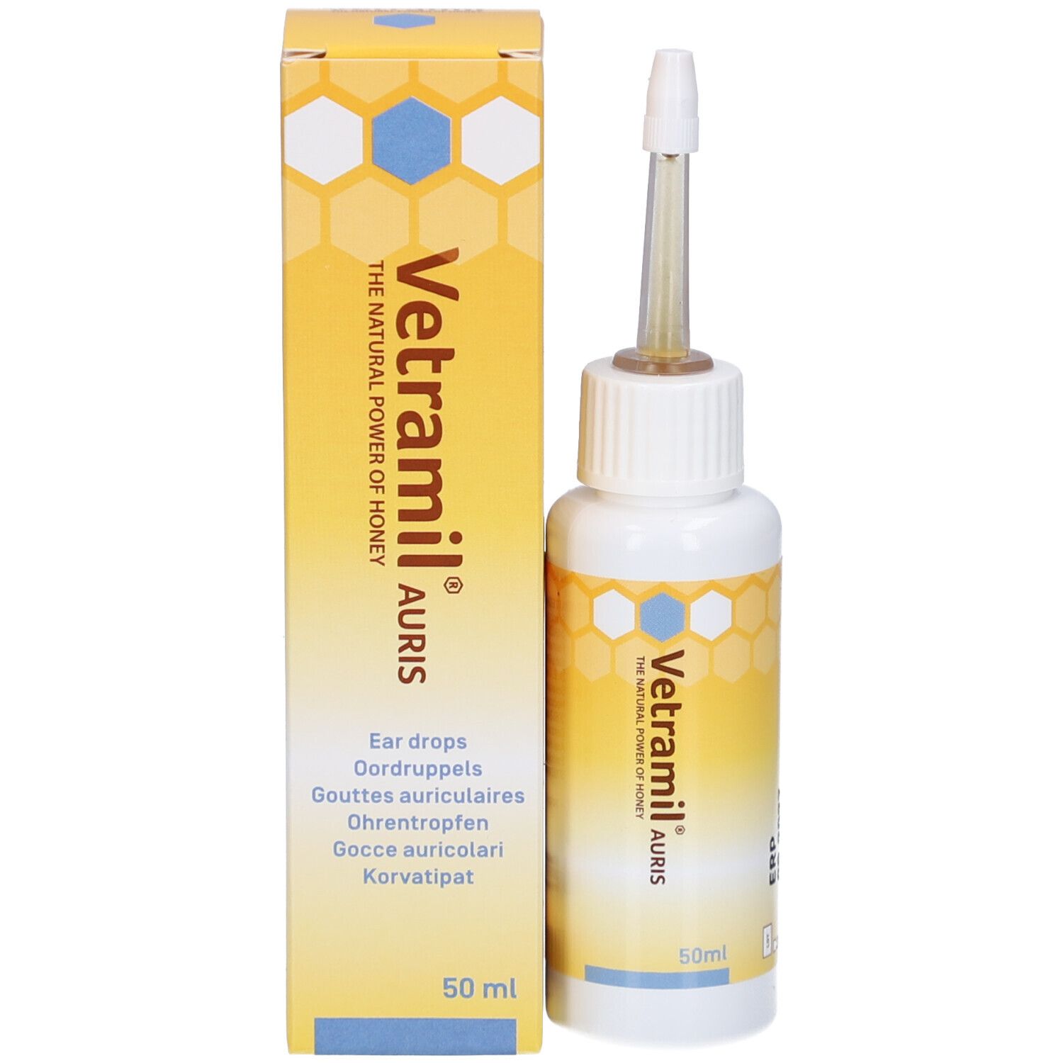 Produktverpackung mit Flasche und Applikator. Aufschrift Vetramil Auris. Gelbe und blaue Designelemente. 50ml.