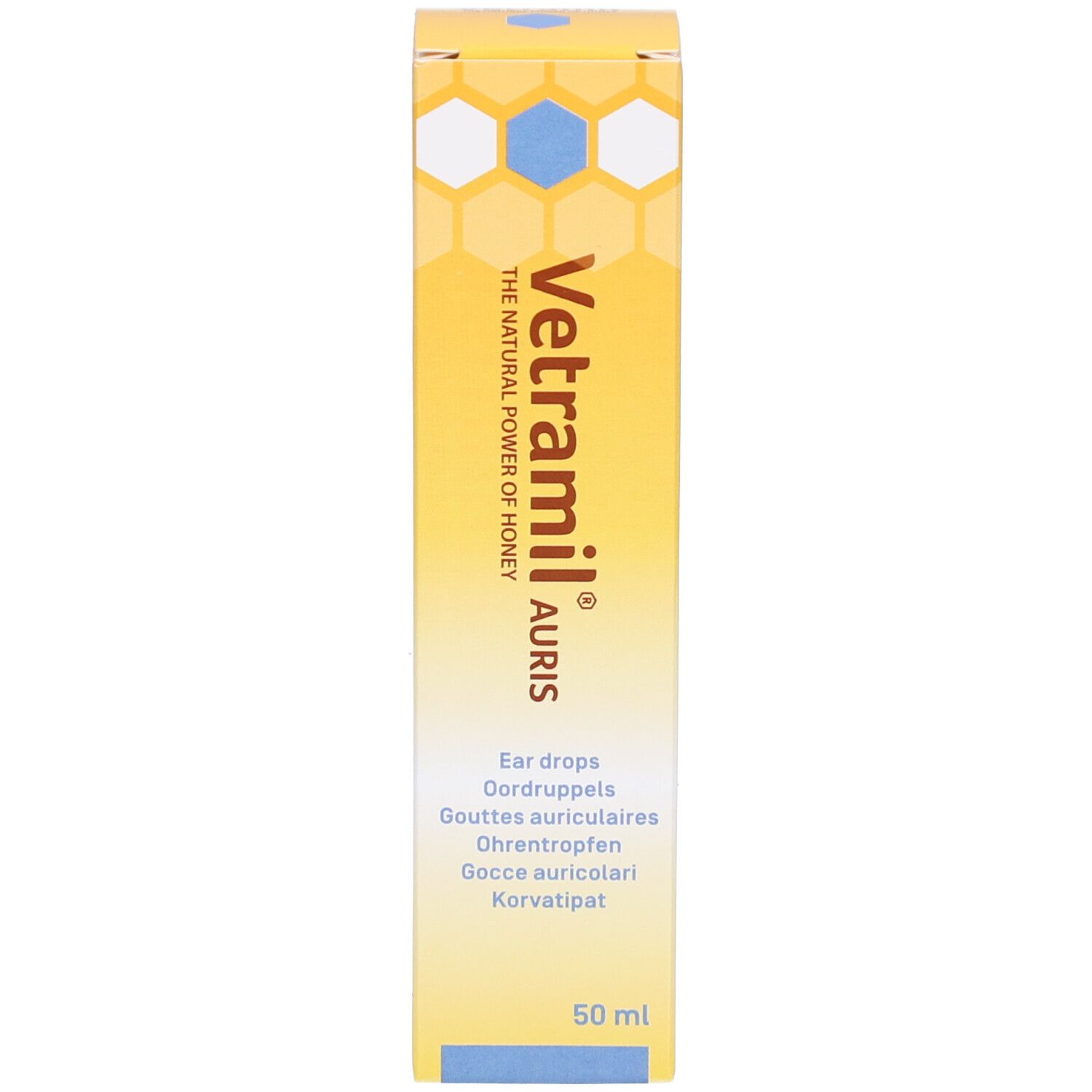 Produktverpackung. Aufschrift Vetramil Auris. Gelbe und blaue Designelemente. 50ml.