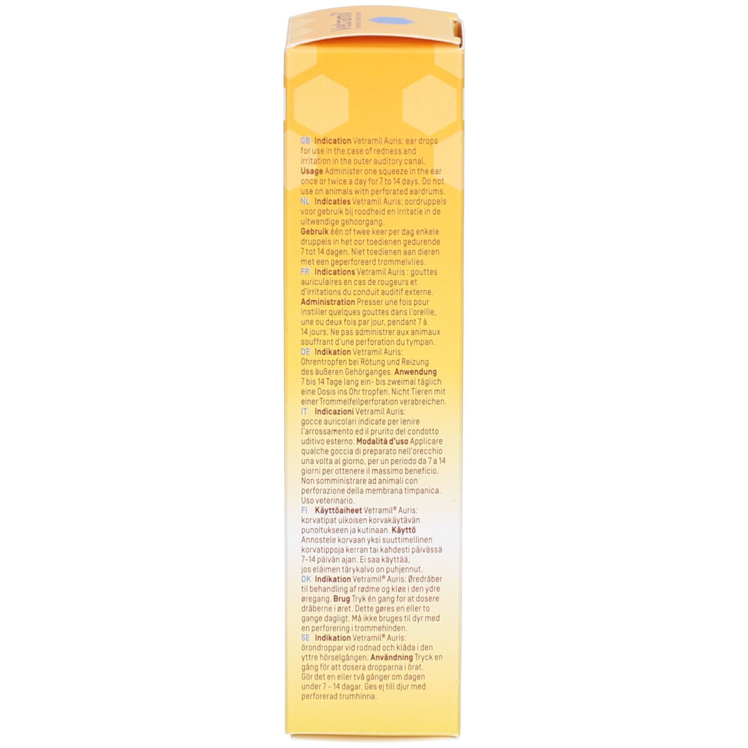 Produktverpackung. Text mit Informationen. Aufschrift Vetramil Auris. Gelbe und blaue Designelemente.