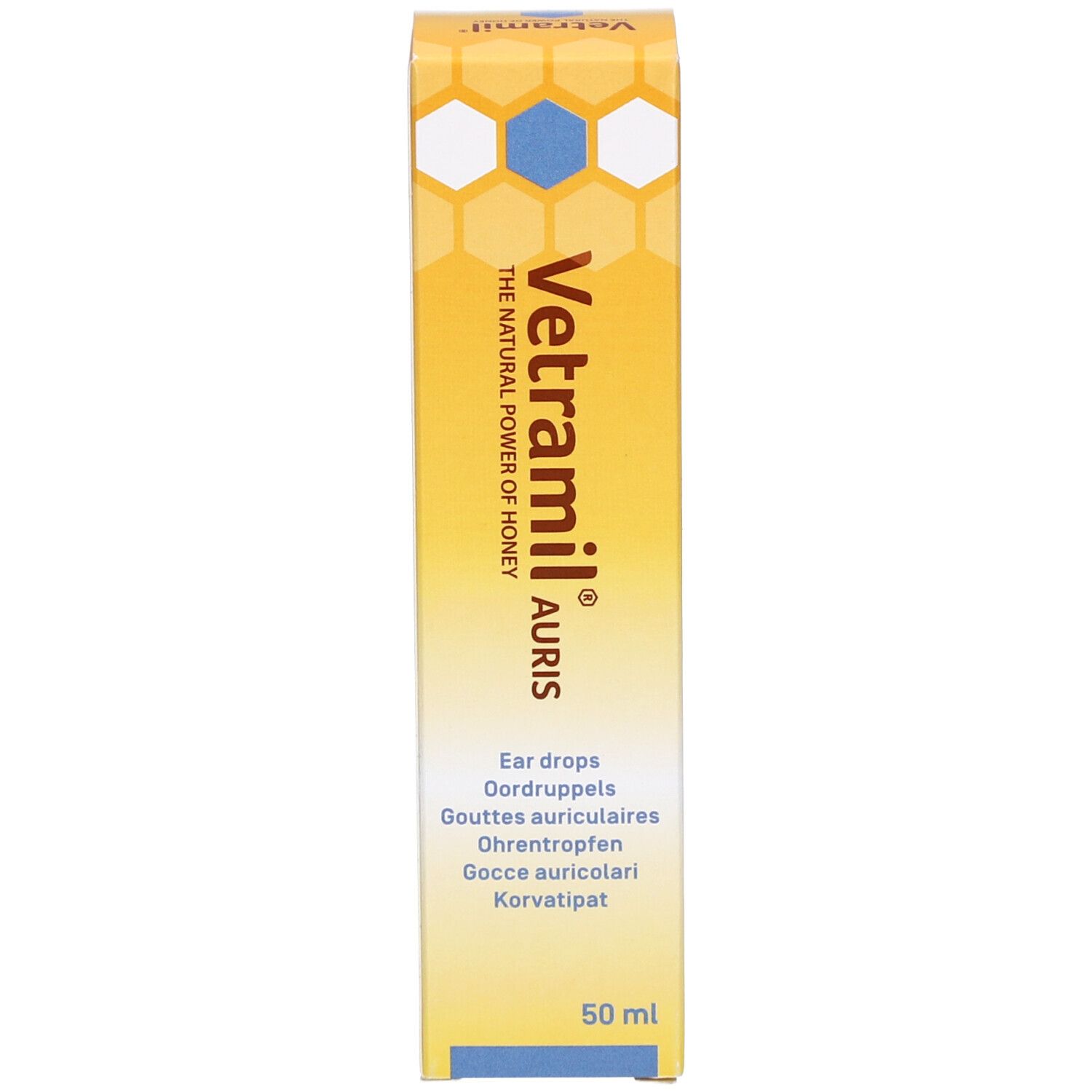Produktverpackung. Aufschrift Vetramil Auris. Gelbe und blaue Designelemente. 50ml.