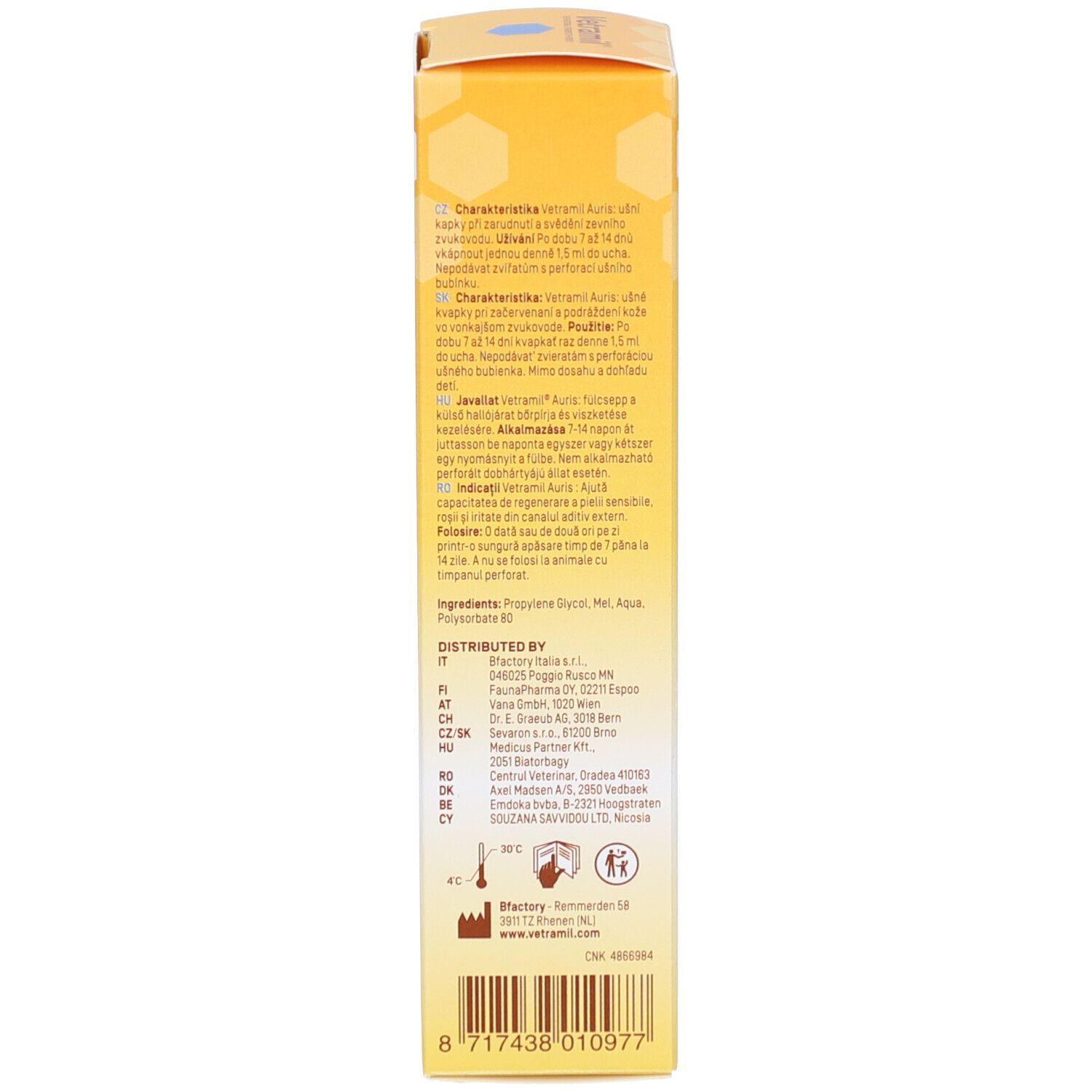 Produktverpackung. Rückseite mit Informationen. Aufschrift Vetramil Auris. Gelbe und blaue Designelemente.