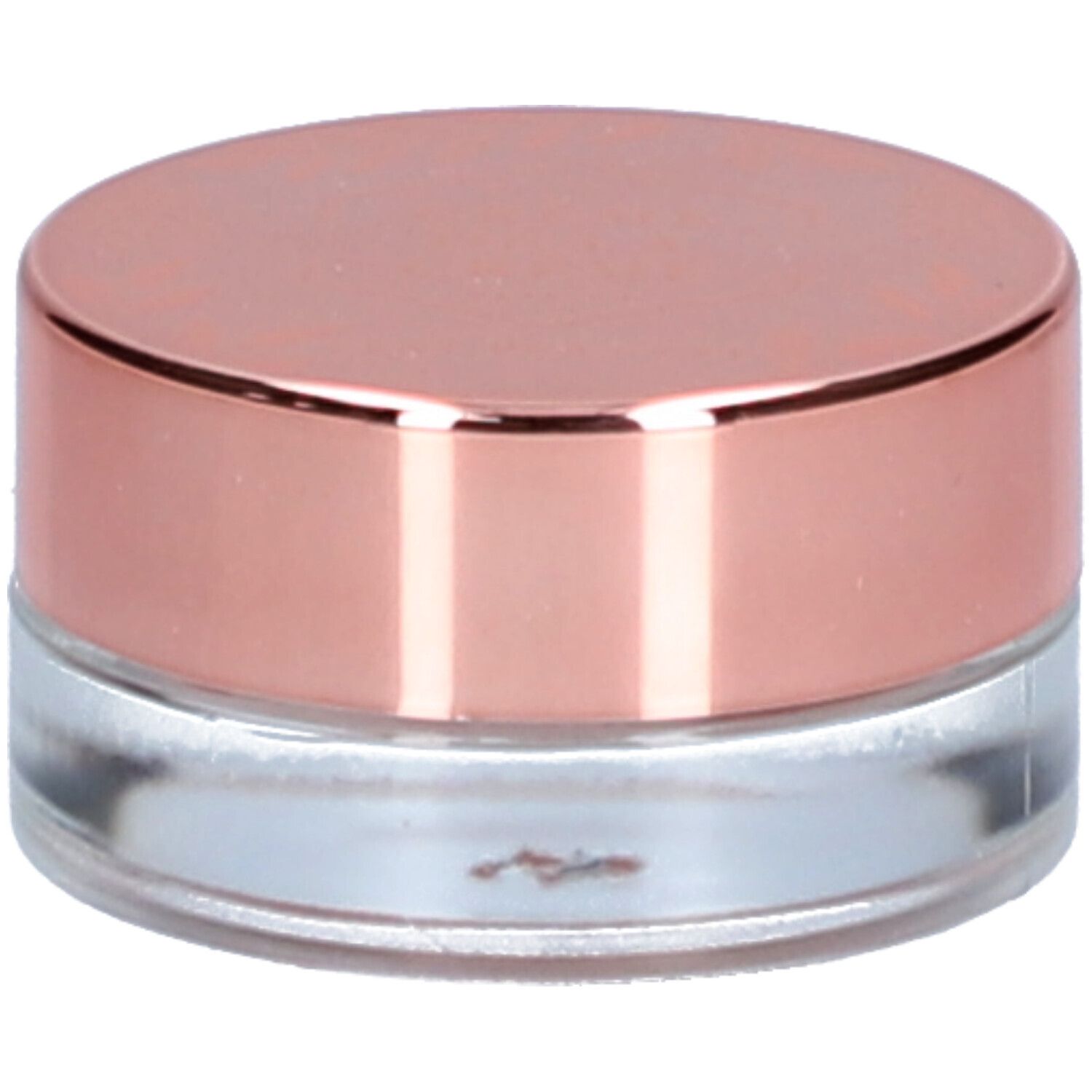 Petit pot rond avec couvercle or rose et récipient en verre transparent.