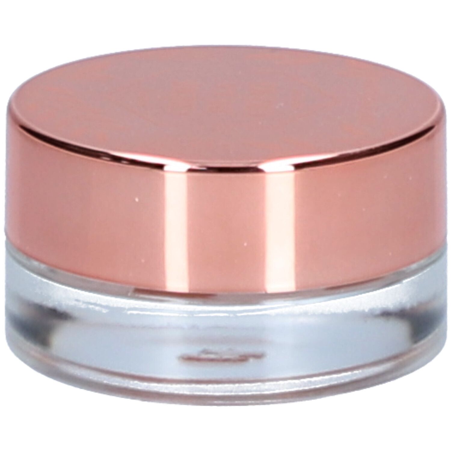 Petit pot rond avec couvercle or rose et récipient en verre transparent.