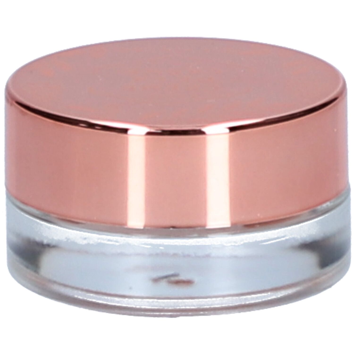 Petit pot rond avec couvercle or rose et récipient en verre transparent.