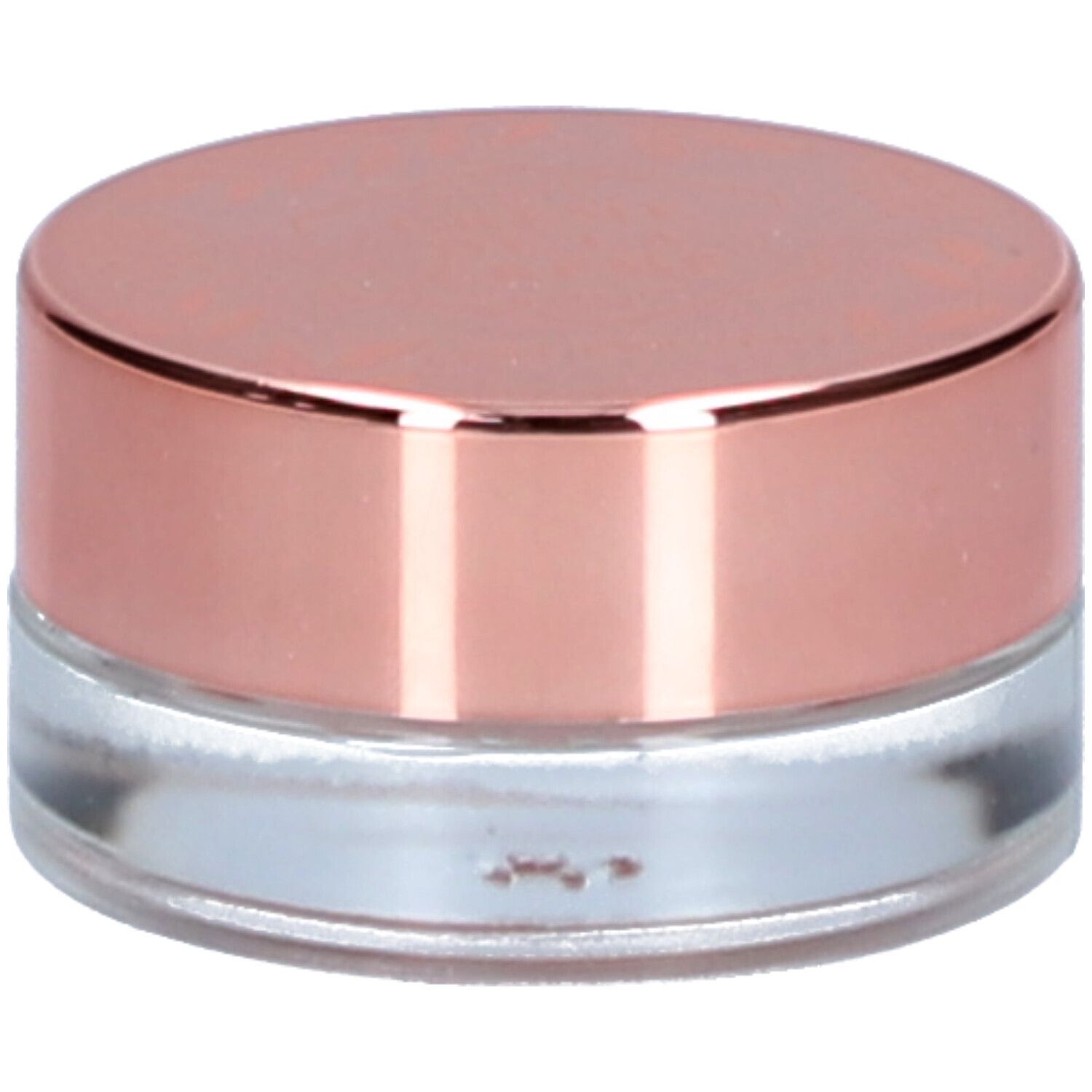 Petit pot rond avec couvercle or rose et récipient en verre transparent.