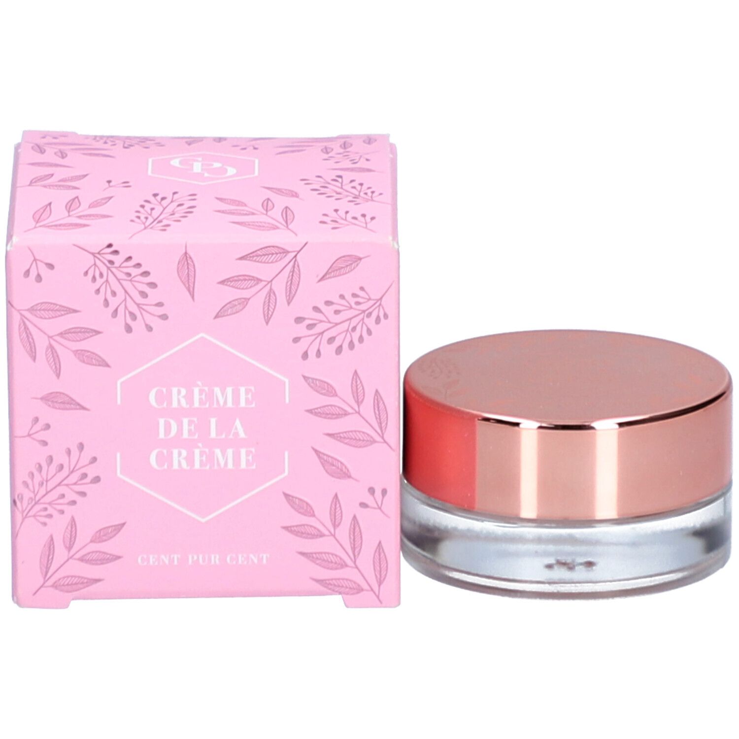 Boîte rose et pot. La boîte indique "Crème de la Crème" et "Cent Pur Cent".