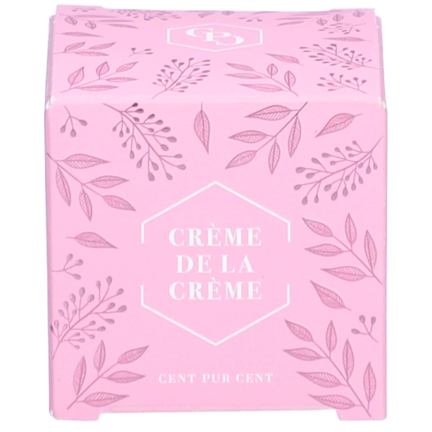 Boîte rose avec motif floral. La boîte indique "Crème de la Crème" et "Cent Pur Cent".