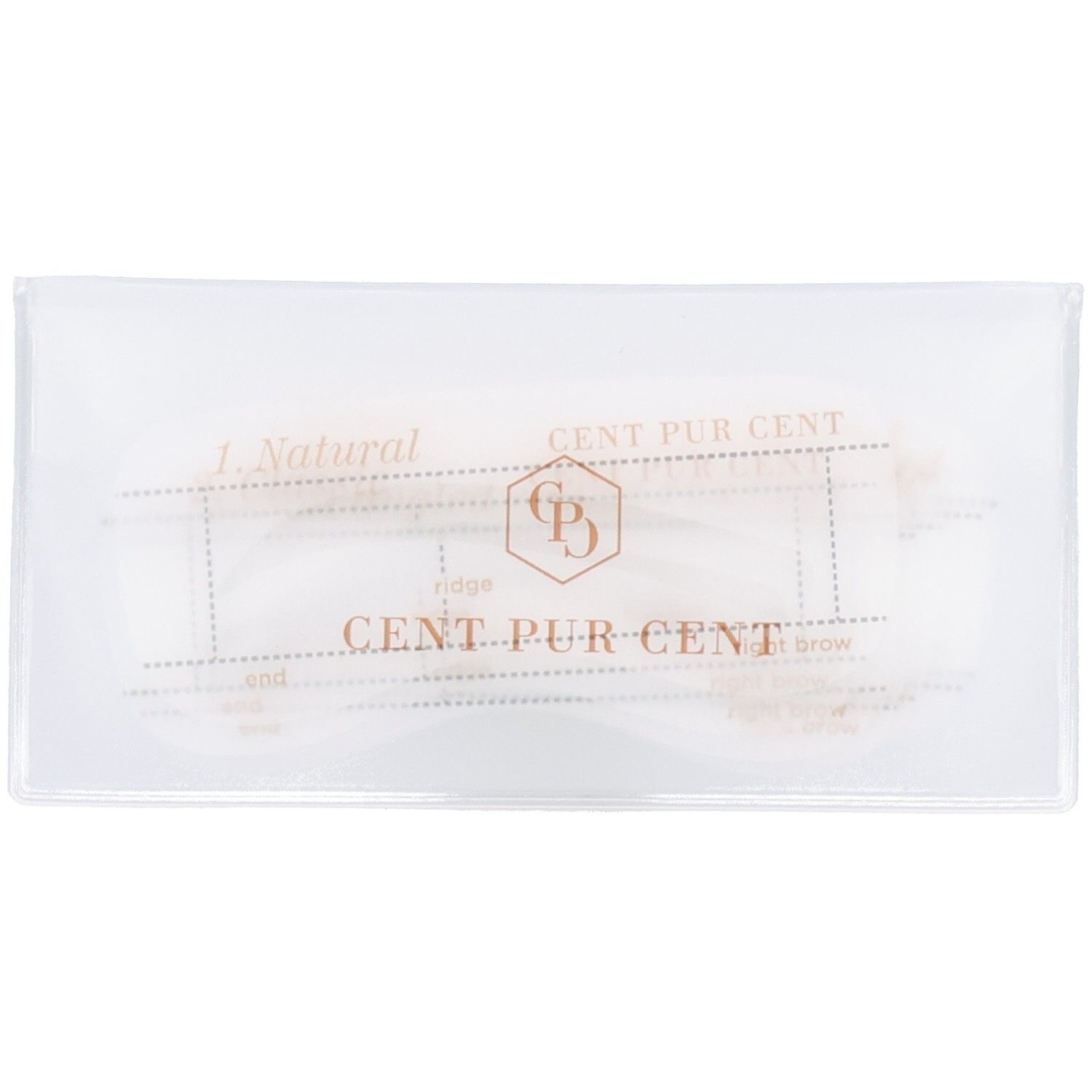 Transparente Hülle mit Augenbrauen-Schablonen. Aufdruck: CENT PUR CENT, Logo und Schriftzüge.