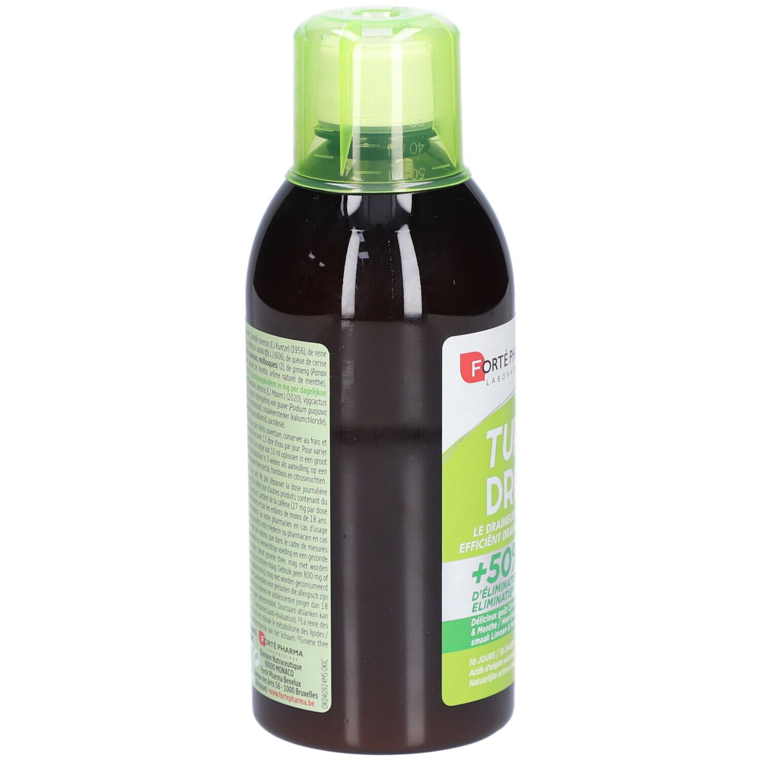 Bouteille marron avec bouchon vert. Texte multilingue sur le côté. Logo Forté Pharma.