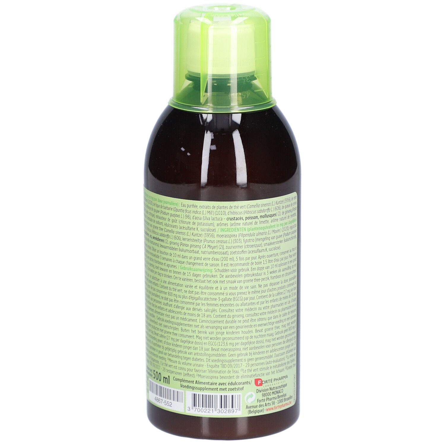 Dos d'une bouteille marron avec bouchon vert. Texte multilingue. Indication de volume: 500 ml.