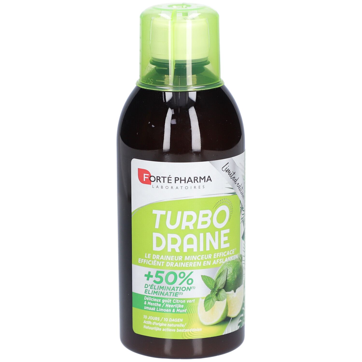 Bouteille marron avec bouchon vert. Inscription: Forté Pharma Turbo Draine. Illustration de citron vert et menthe.