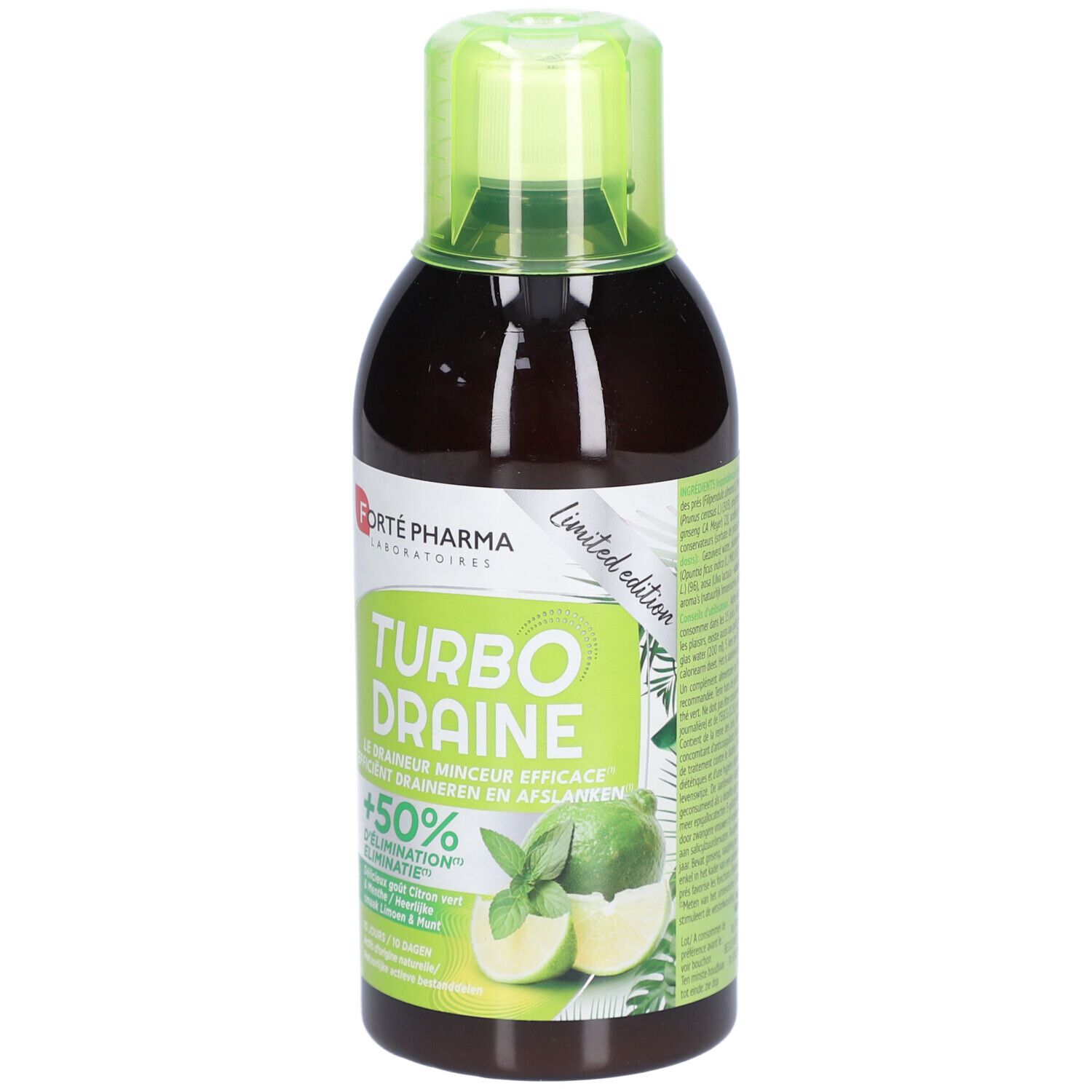 Bouteille marron avec bouchon vert. Inscription: Forté Pharma Turbo Draine. Illustration de citron vert et menthe.