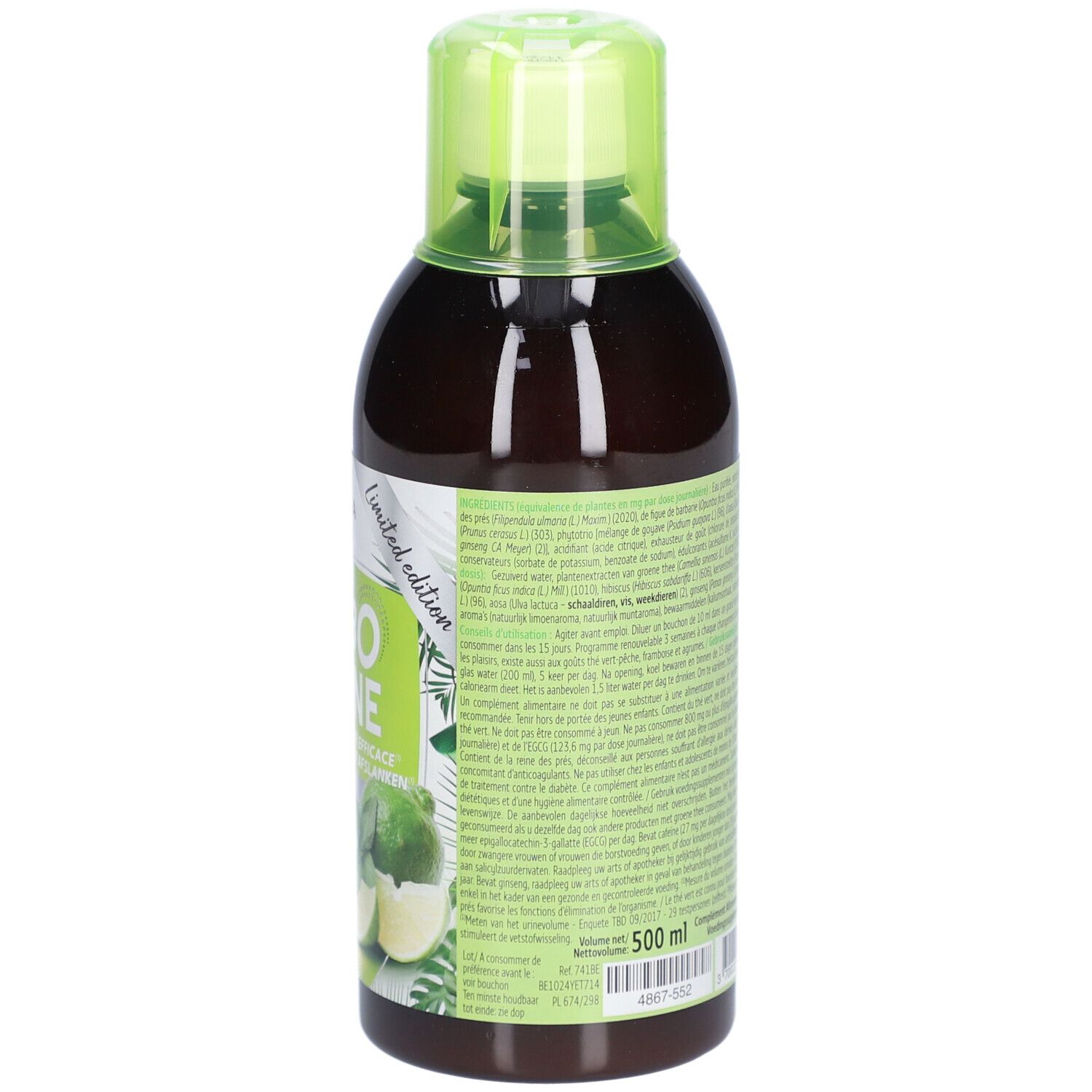 Dos d'une bouteille marron avec bouchon vert. Texte multilingue. Indication de volume: 500 ml.