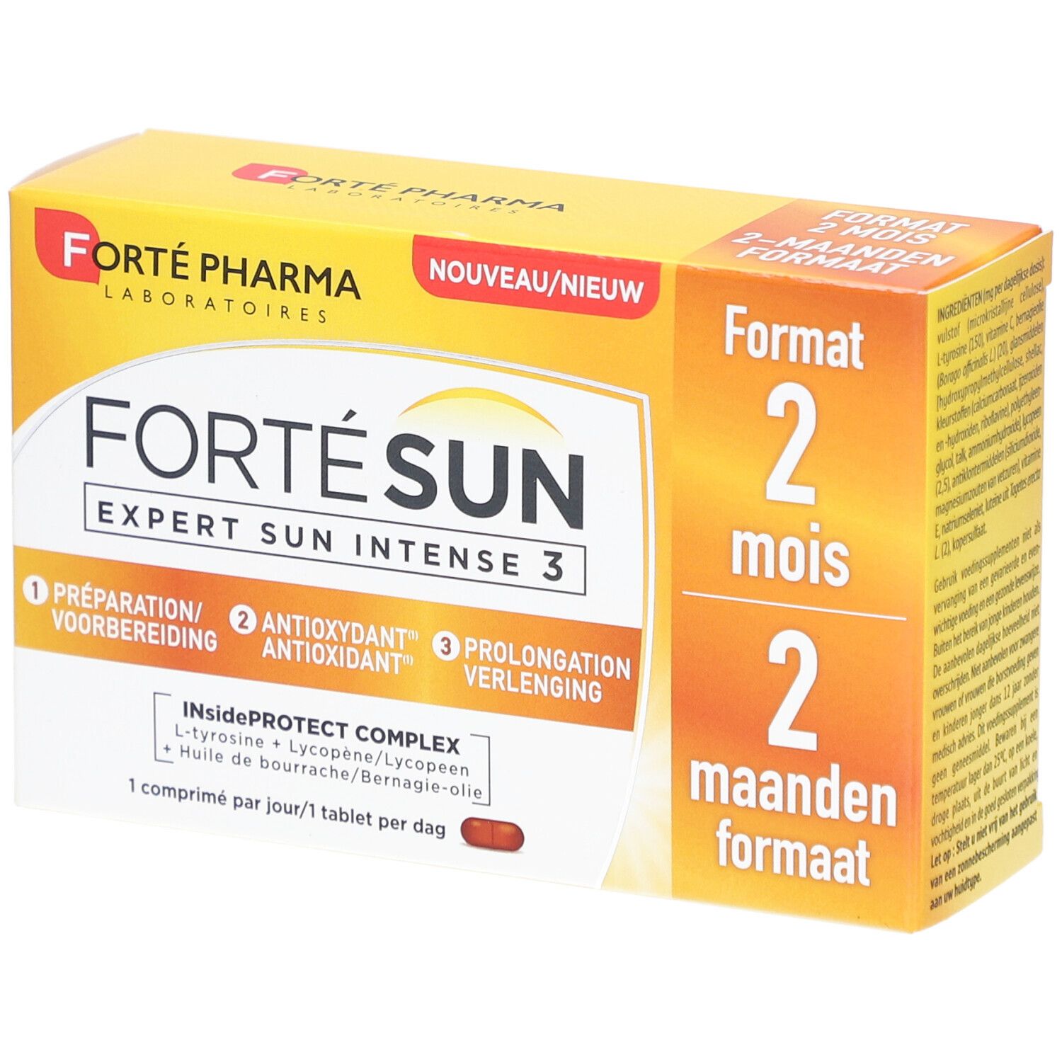 Verpackung von Forté Sun Expert Sun Intense 3. Gelbe Schachtel mit Produktnamen und Inhaltsangaben. Enthält Tabletten.