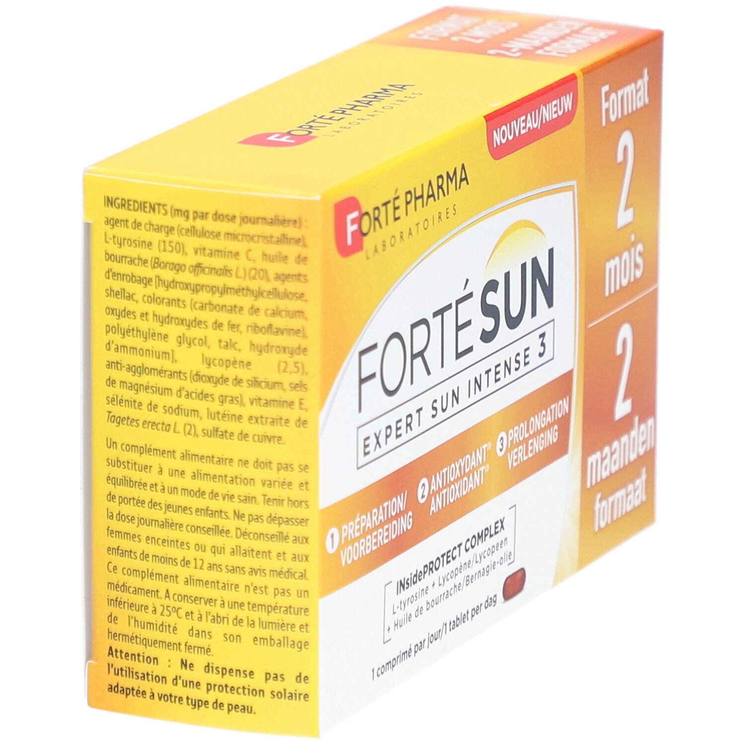 Forté Sun Expert Sun Intense 3 Verpackung. Gelbe Schachtel mit Produktinformationen und Inhaltsstoffen. Enthält Tabletten.