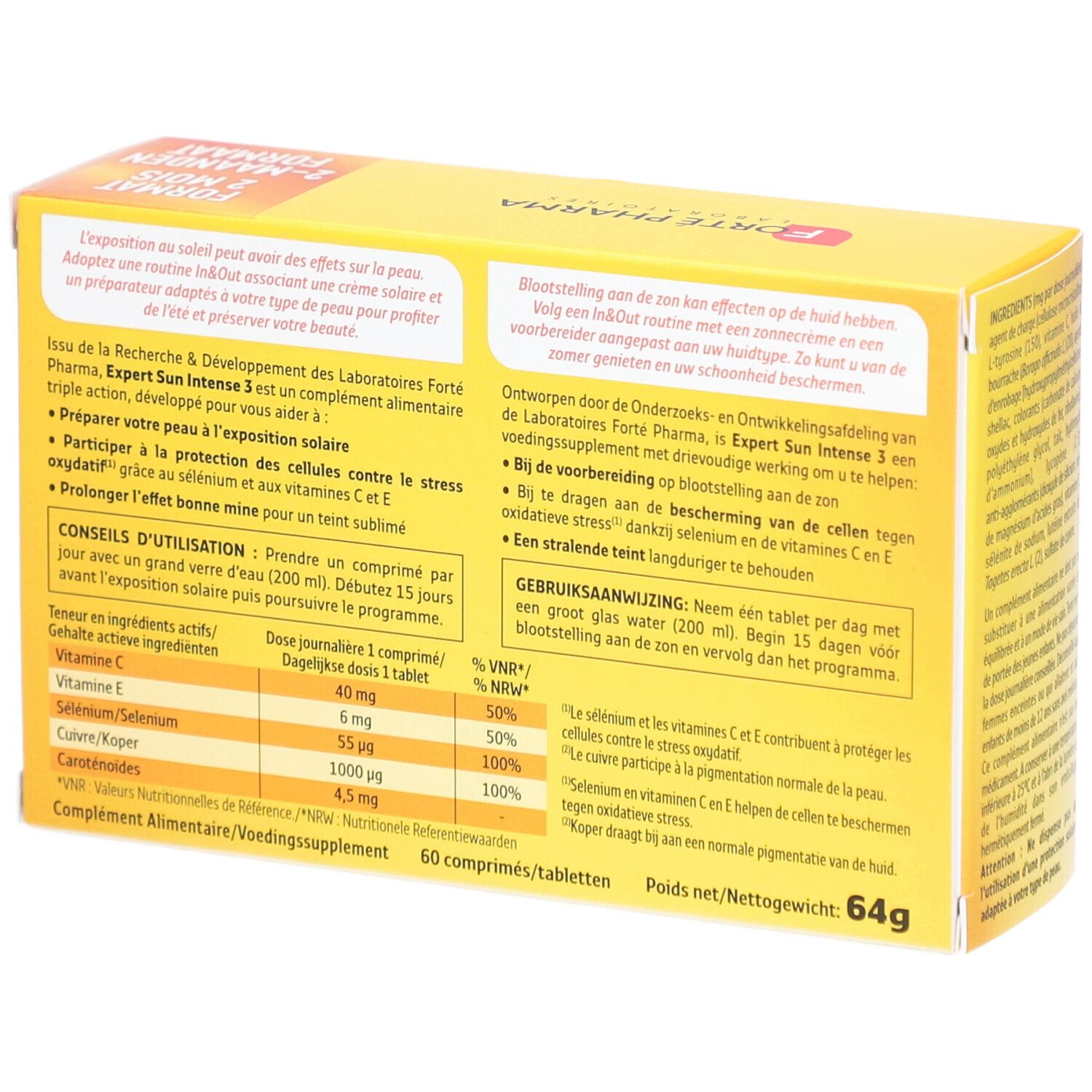 Rückseite der Forté Sun Expert Sun Intense 3 Verpackung. Gelbe Schachtel mit Produktinformationen und Inhaltsstoffen.