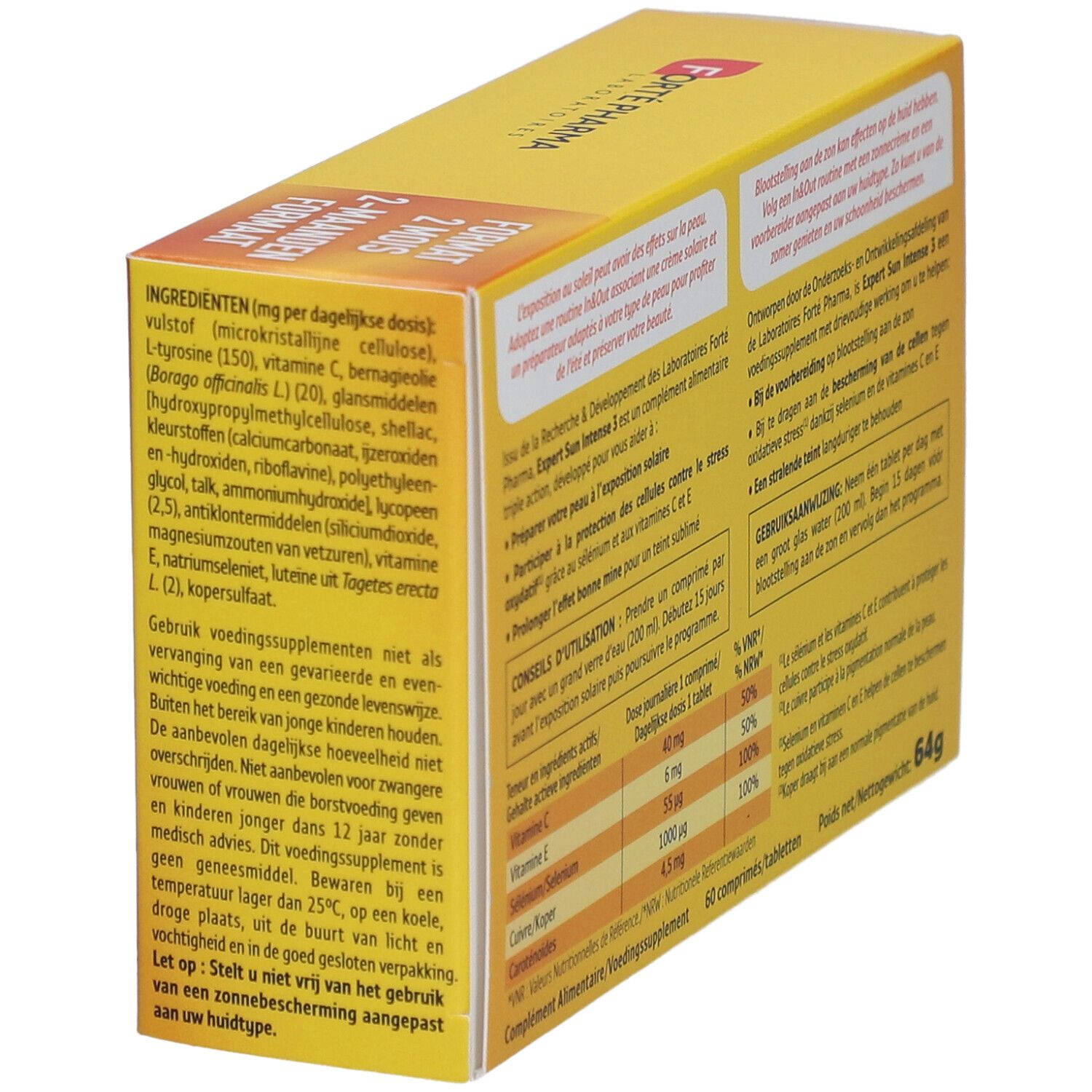 Rückseite der Forté Sun Expert Sun Intense 3 Verpackung. Gelbe Schachtel mit Produktinformationen und Inhaltsstoffen.