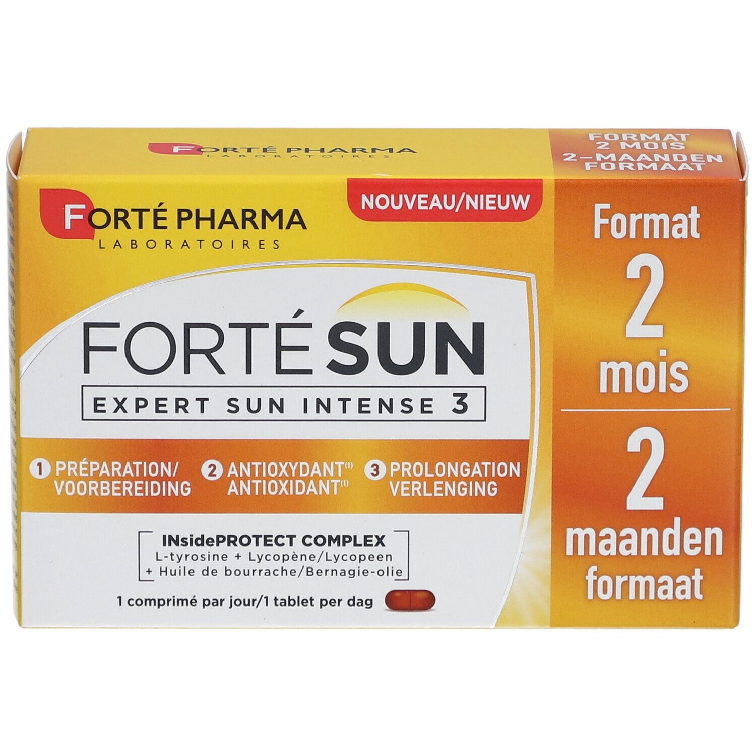 Forté Sun Expert Sun Intense 3 Verpackung. Gelbe Schachtel mit Produktnamen und Inhaltsangaben. Enthält Tabletten.