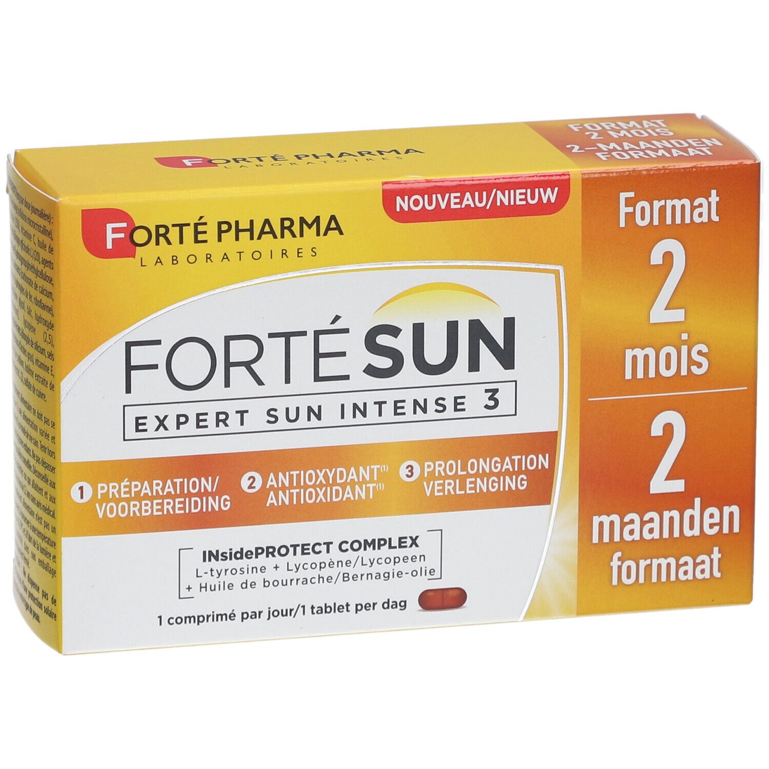 Forté Sun Expert Sun Intense 3 Verpackung. Gelbe Schachtel mit Produktnamen und Inhaltsangaben. Enthält Tabletten.