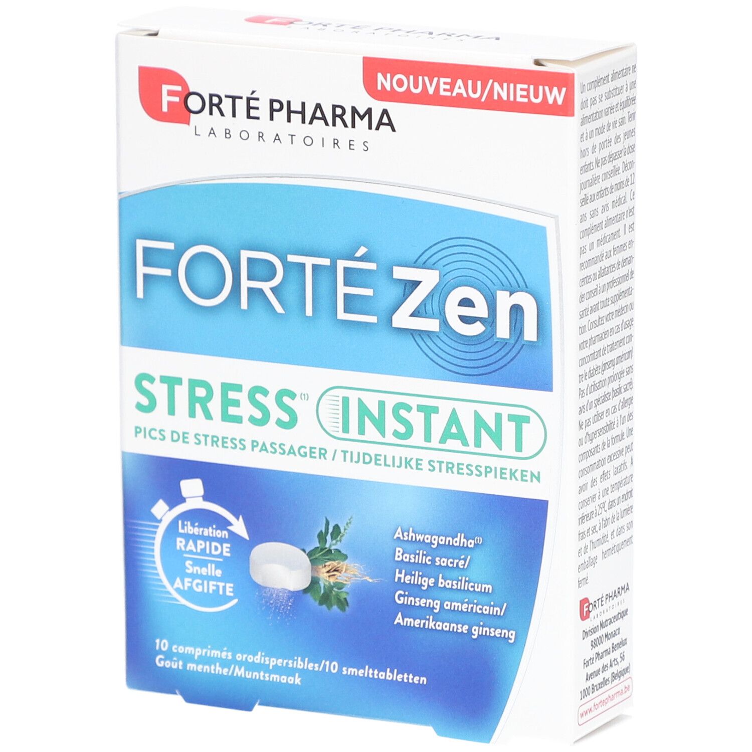 Schachtel mit Forte Zen Stress Instant Tabletten. Blaue und weiße Verpackung mit Produktnamen und Inhaltsstoffen.